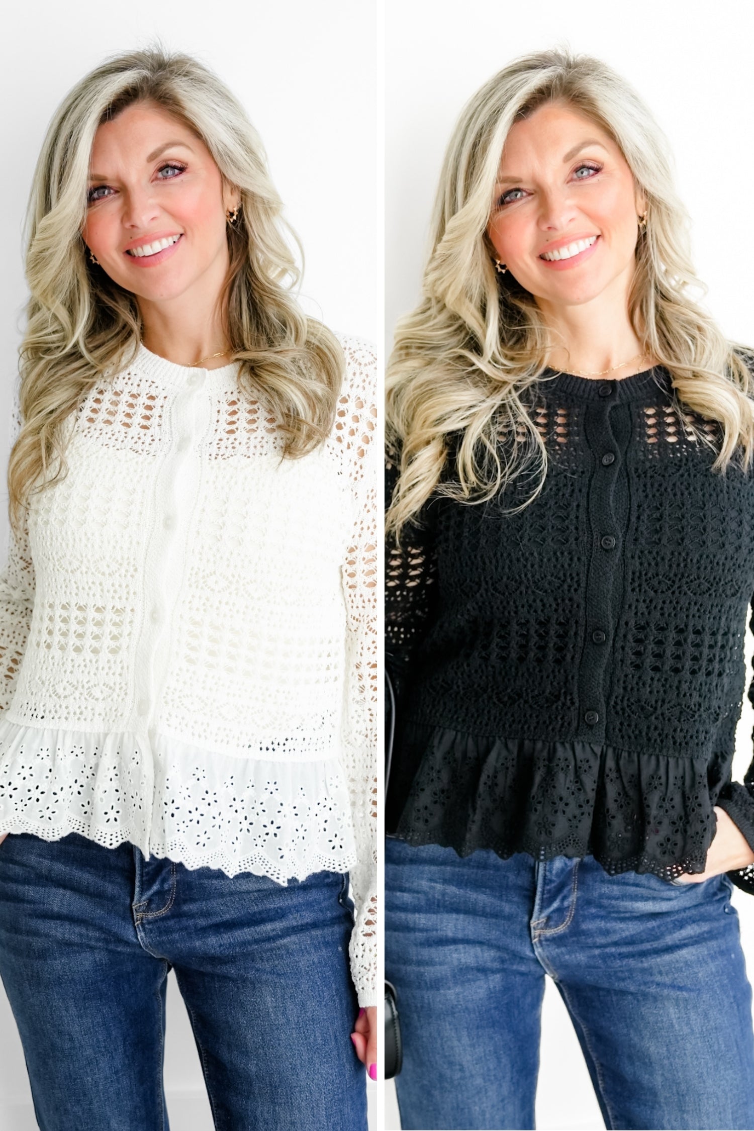 Knit Long Sleeve Button Down Cardigan with Lace Ruffle – Freckled