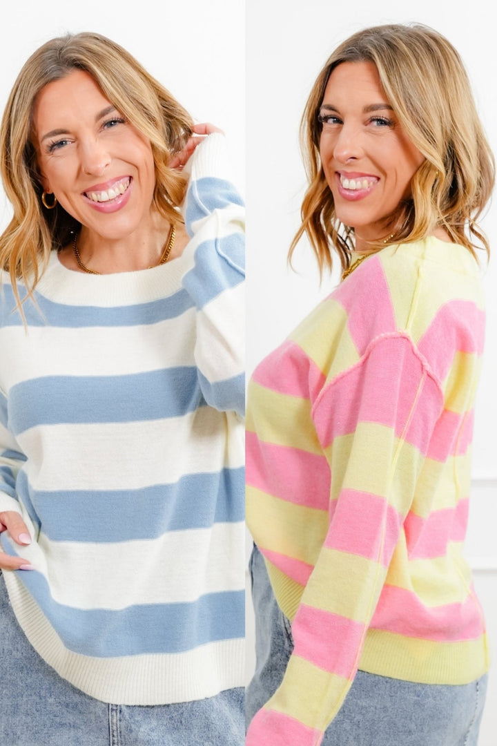 Wide Stripe Long Sleeve Pullover Sweater - Freckled Poppy