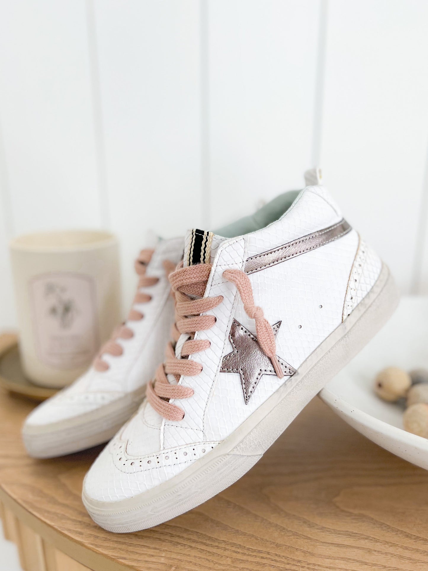 Shu Shop White Snake Texture Bronze Star Hi-Top Sneakers