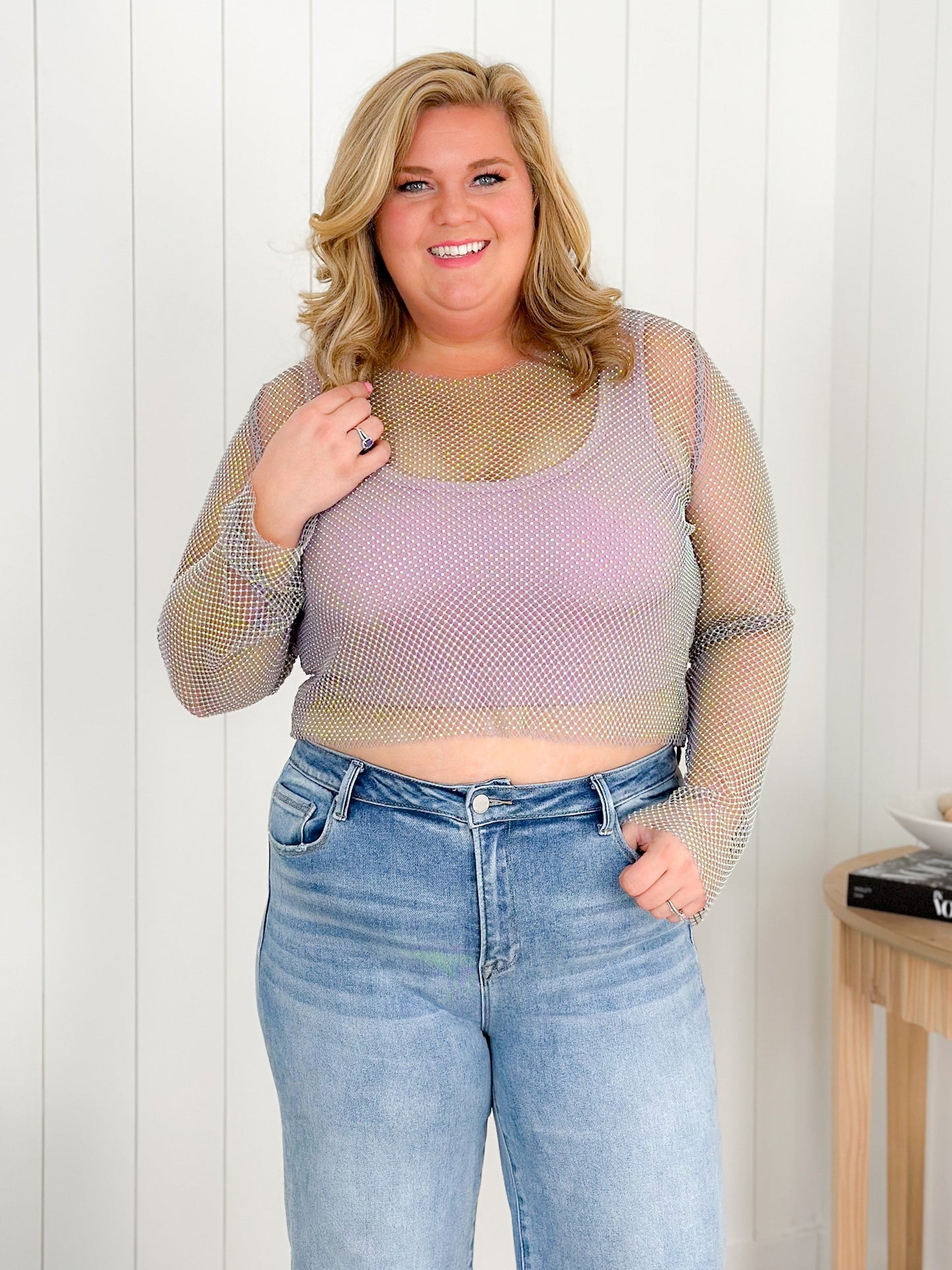 Metallic Rhinestone Mesh Long Sleeve Top (Multiple Colors)