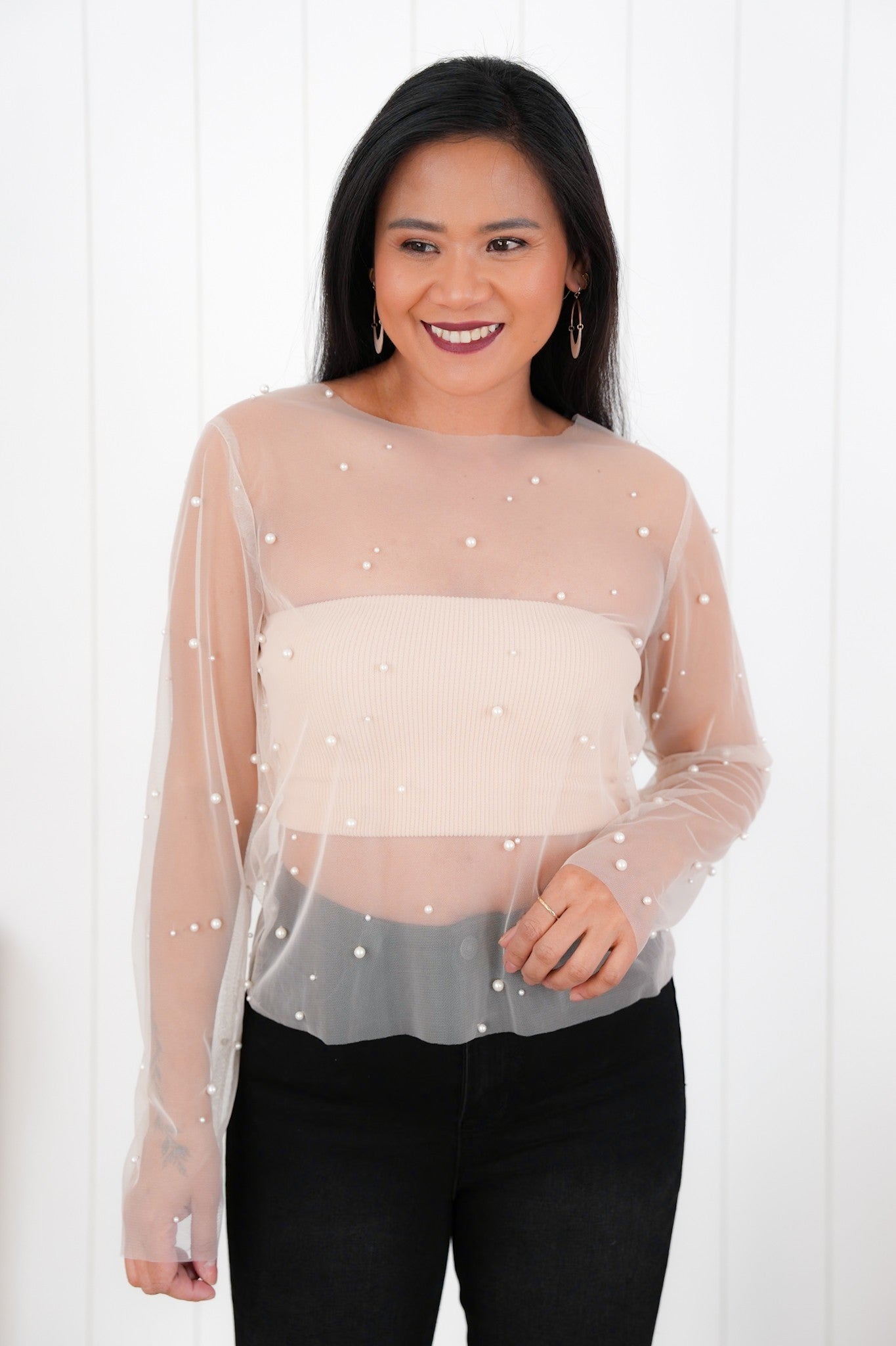 Plus/Reg Mesh Long Sleeve Top with Pearl Detail (Multiple Colors)