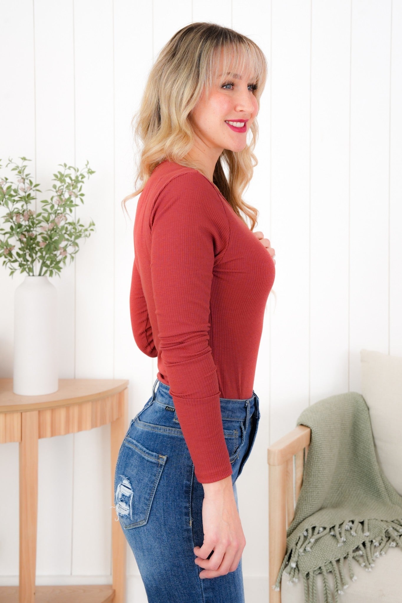 Plus/Reg Ribbed Knit Long Sleeve Bodysuit (Multiple Colors)