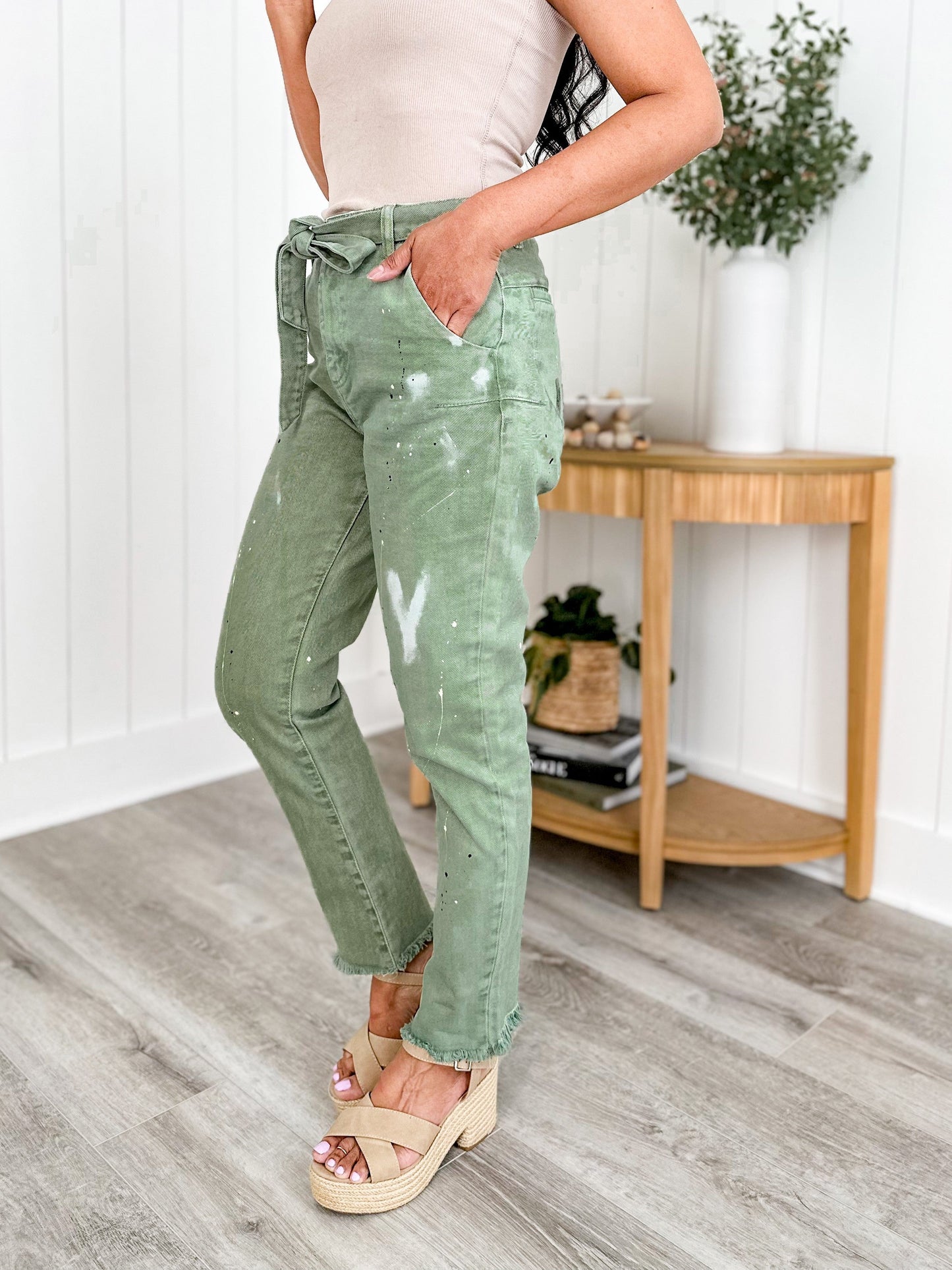 Risen Vintage Paint Splattered Slouch 100% Cotton Olive Pants