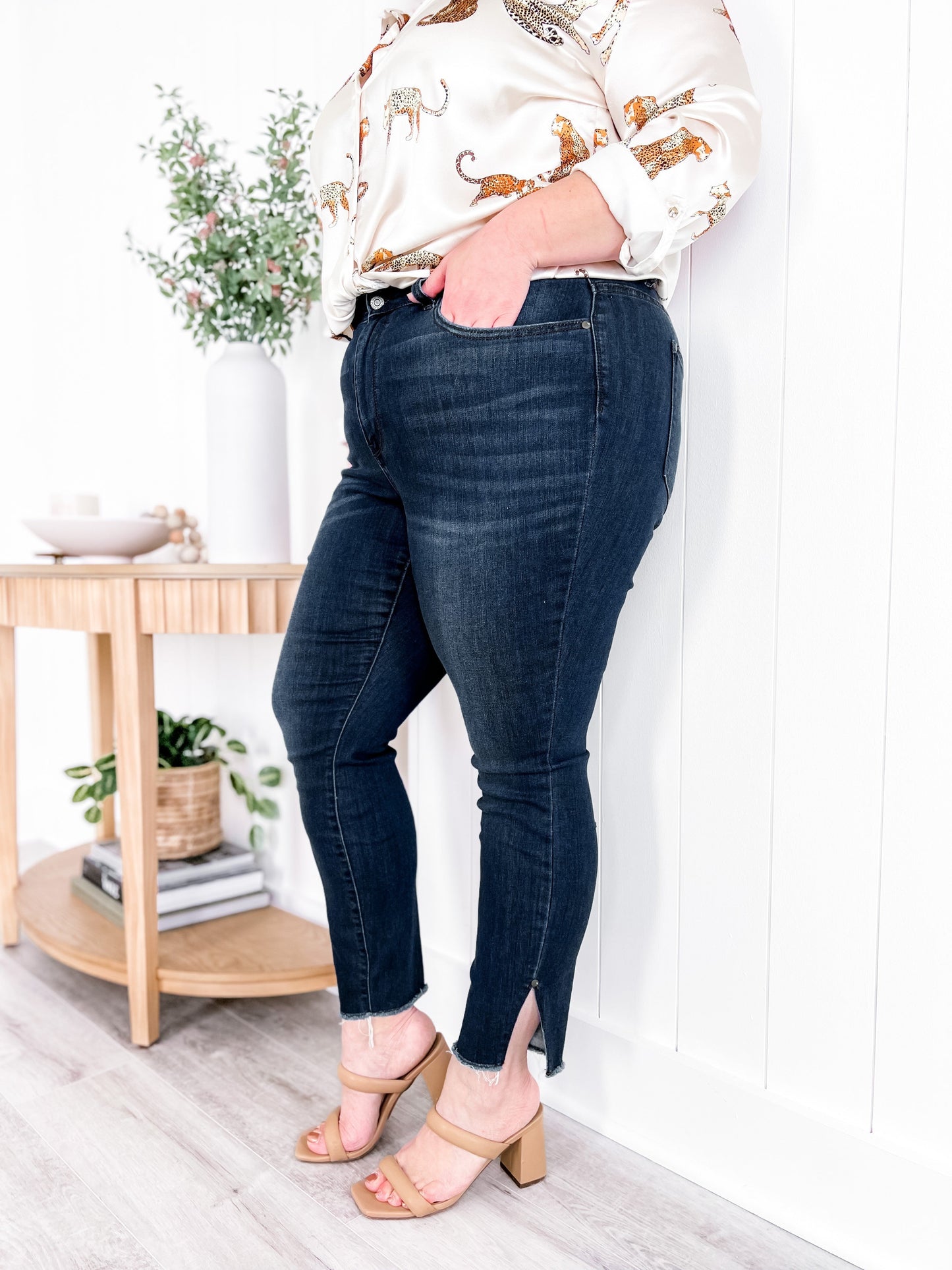 Judy Blue Dark Wash High Rise Side Slit Raw Hem Skinny Jeans