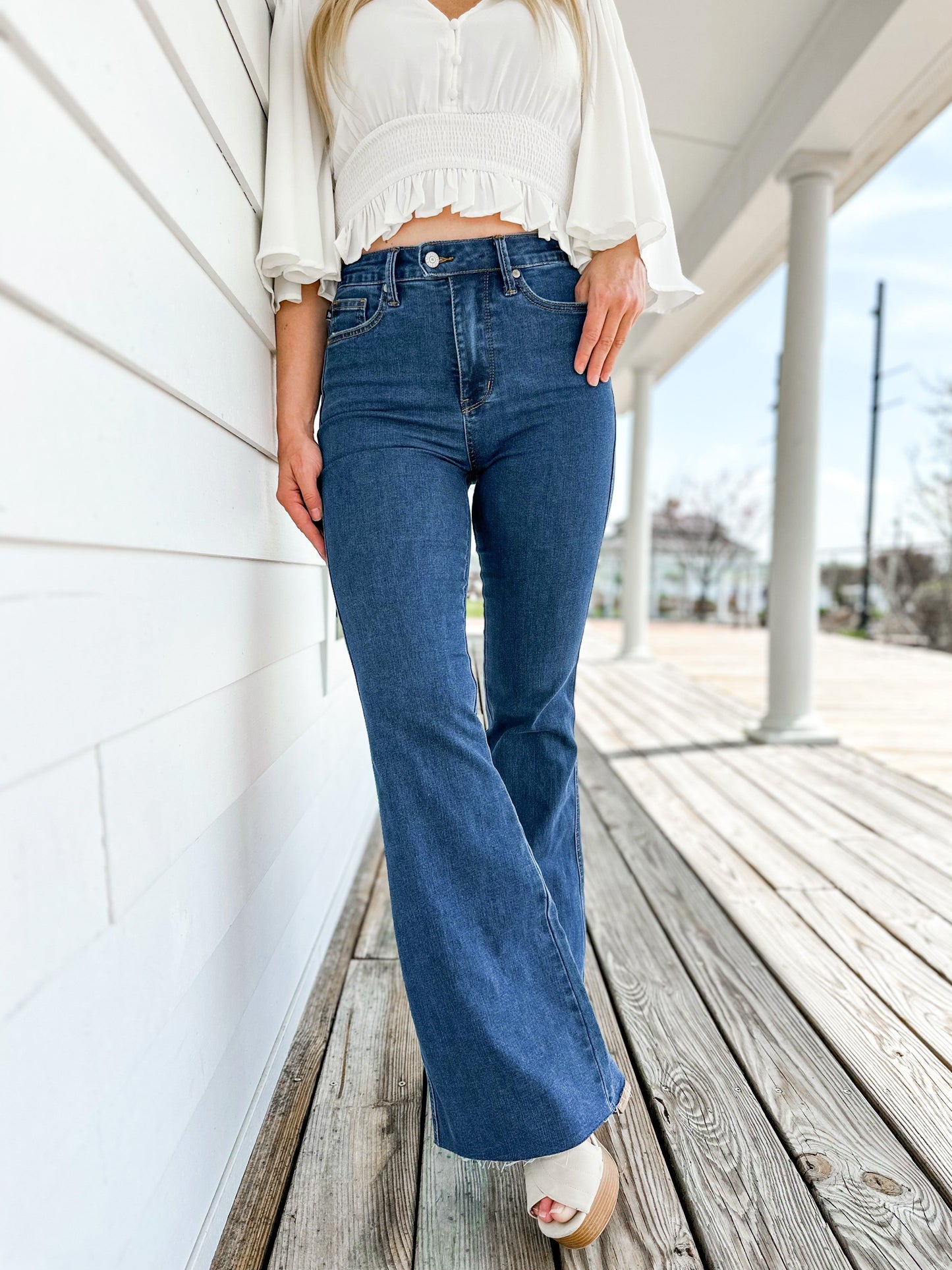 Judy Blue Triple Threat High Rise Medium Wash Cool Denim Tummy Control Top Flare Jeans