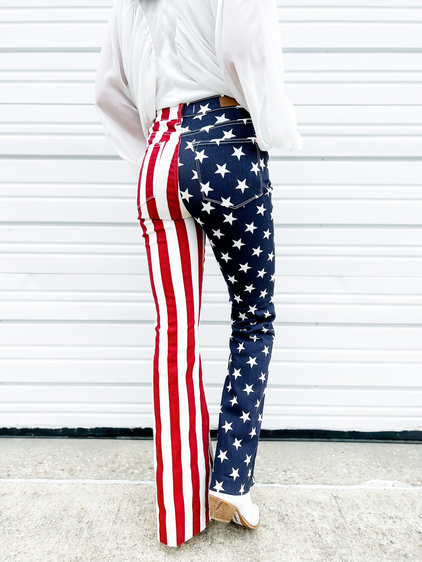 Judy Blue High Rise Stars and Stripes Print Raw Hem Flare Jeans
