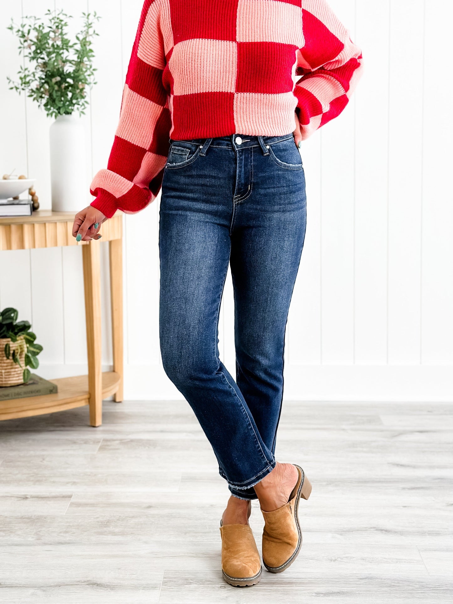 Risen Dark Wash High Rise Cropped Straight Leg Jeans