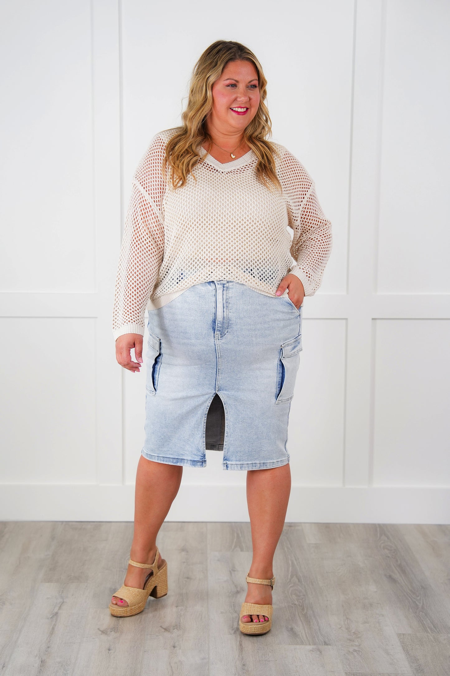 Risen High Rise Light Wash Midi Cargo Skirt