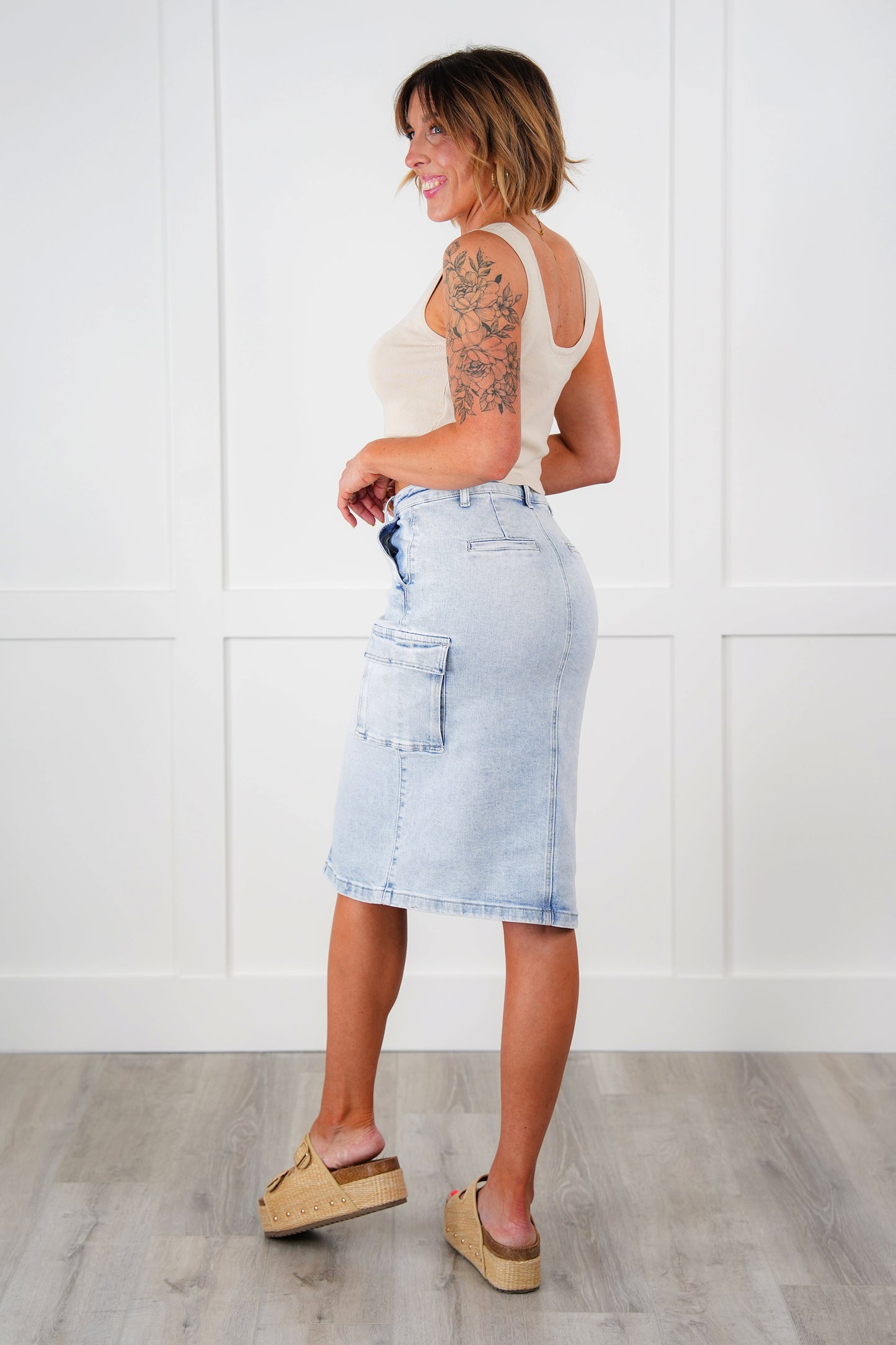 Risen High Rise Light Wash Midi Cargo Skirt