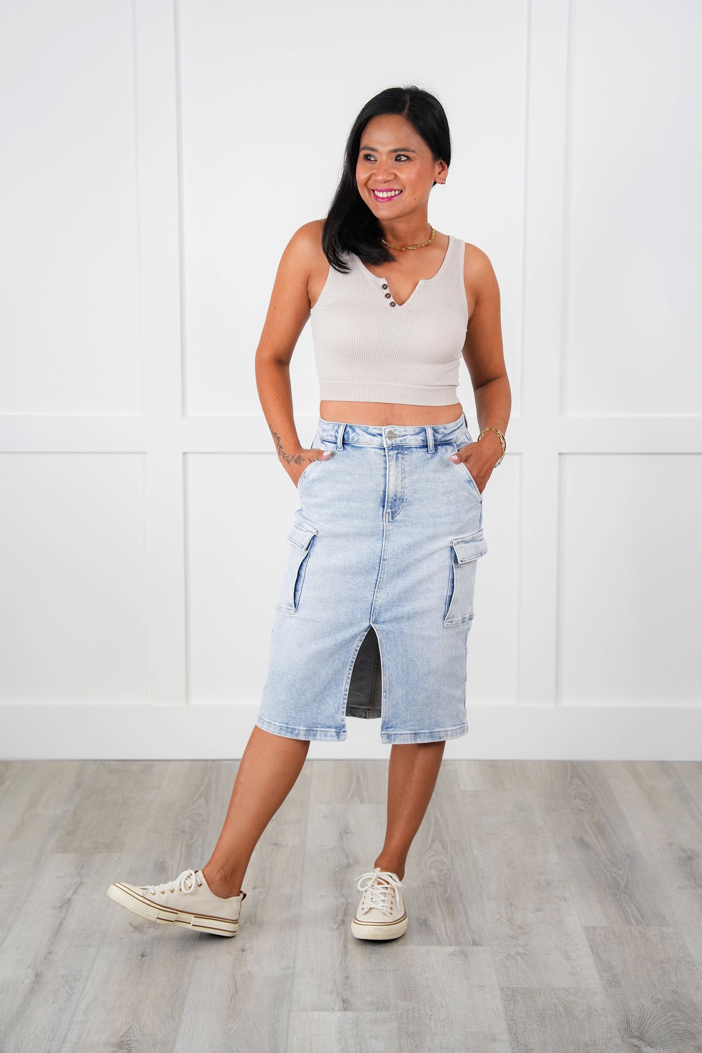 Risen High Rise Light Wash Midi Cargo Skirt