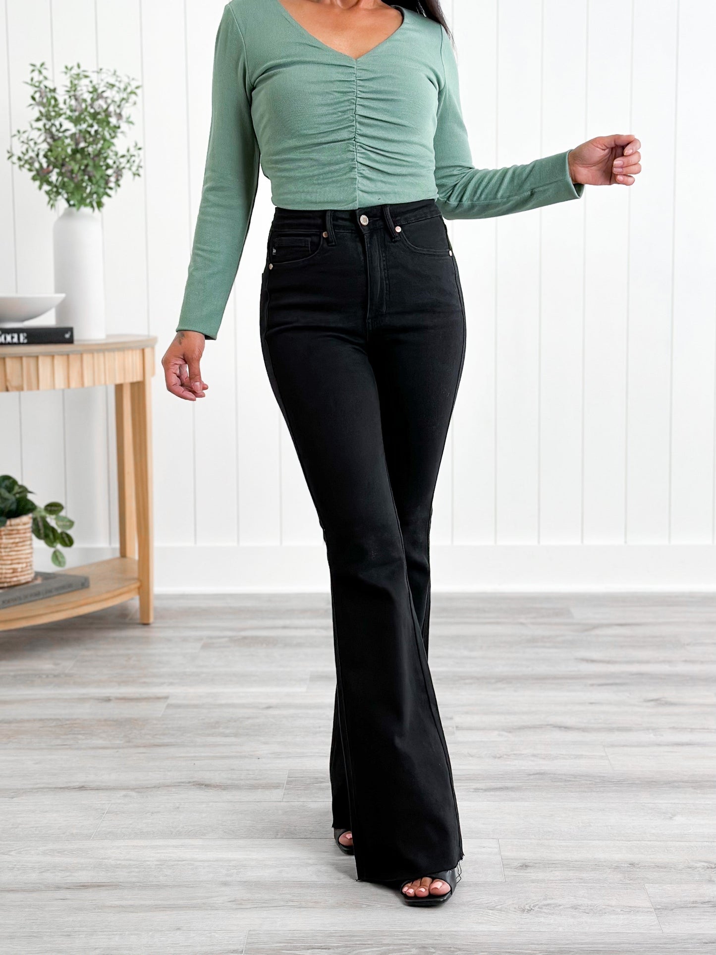 Judy Blue High Rise Black Tummy Control Cut Hem Flare Jeans