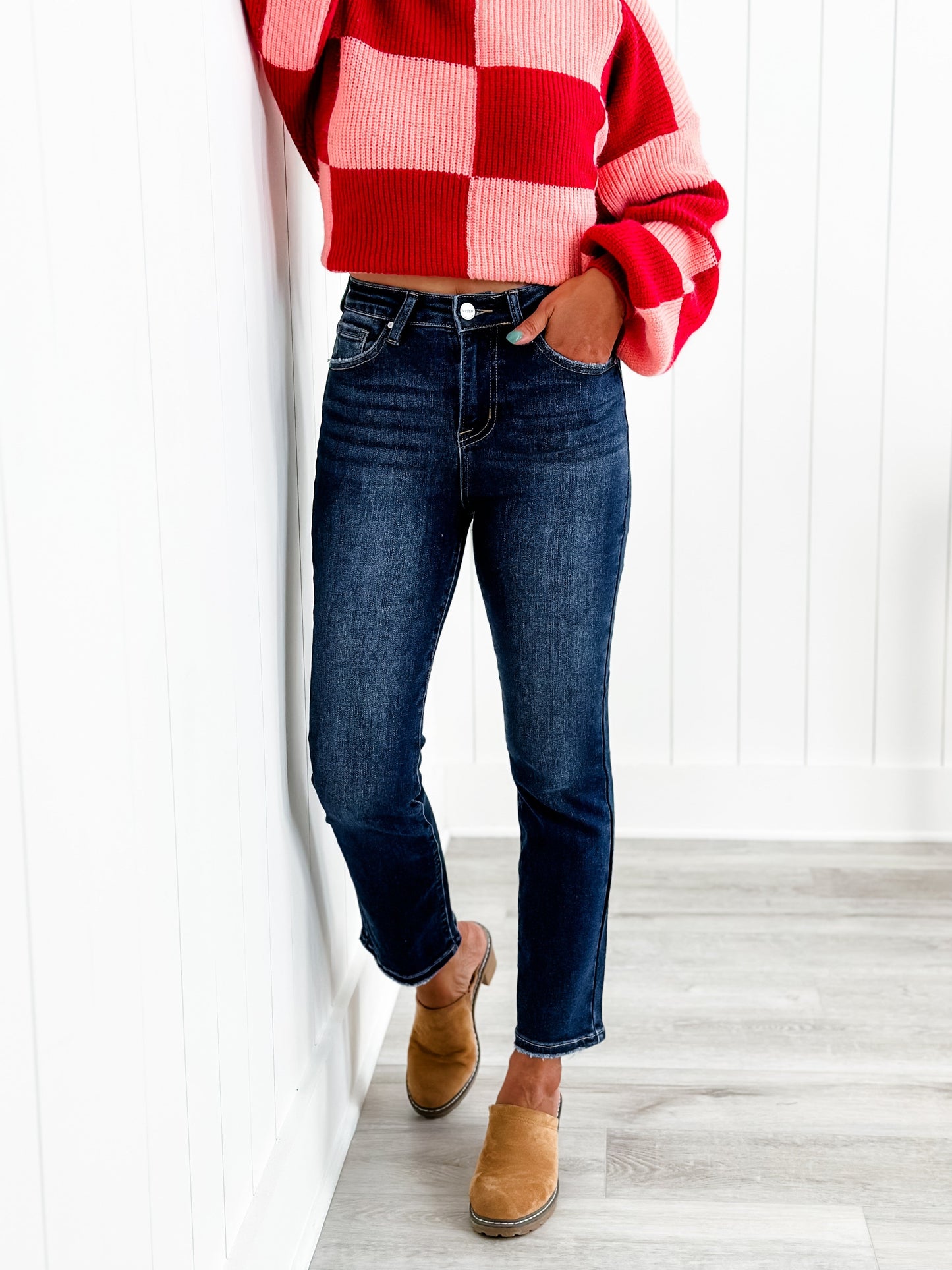 Risen Dark Wash High Rise Cropped Straight Leg Jeans