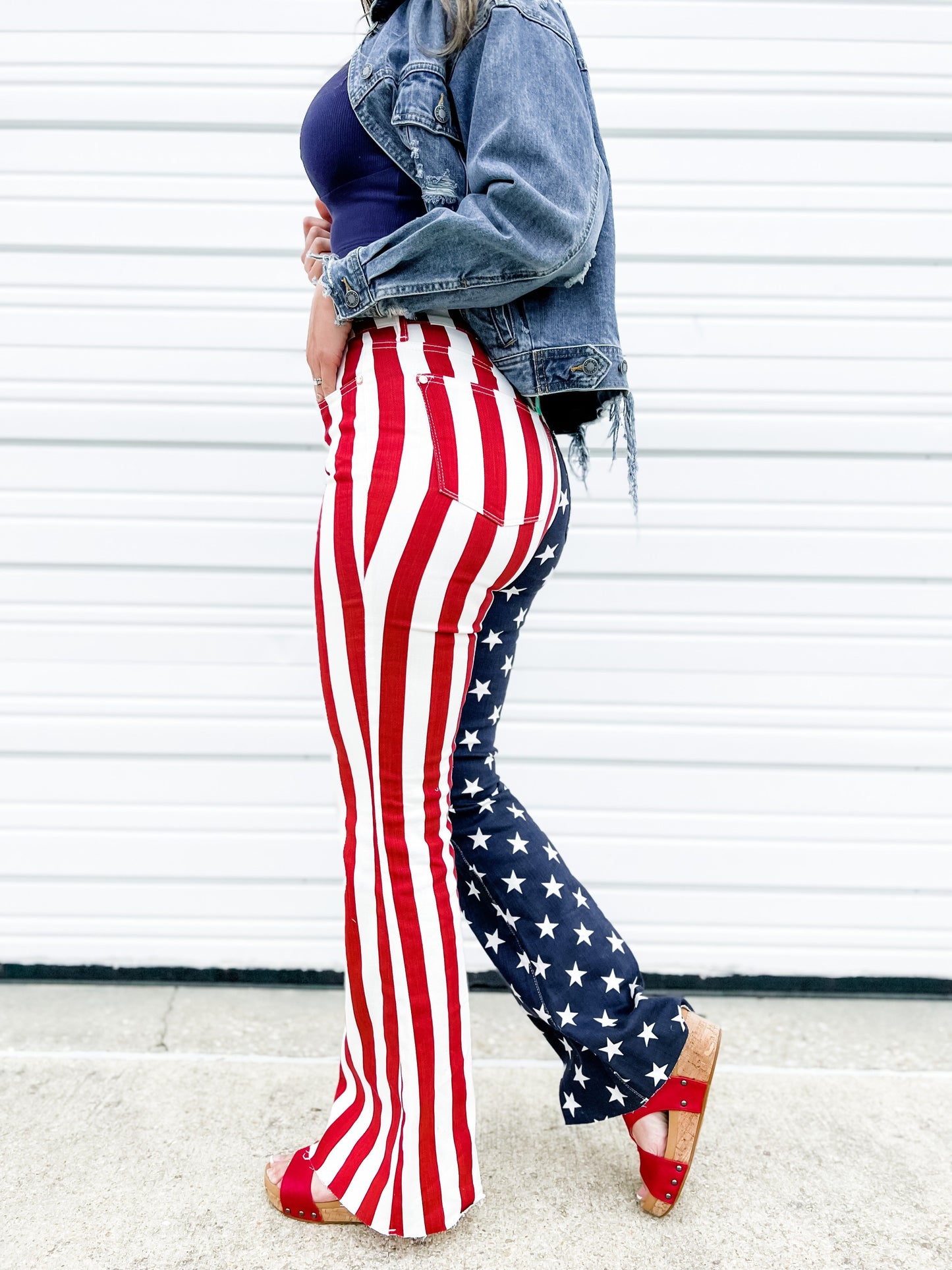 Judy Blue High Rise Stars and Stripes Print Raw Hem Flare Jeans