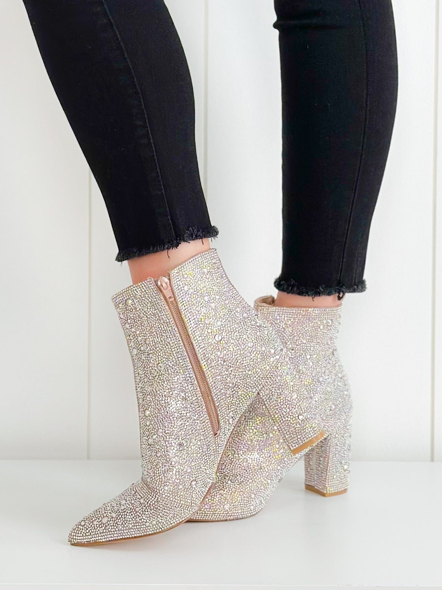 Silver Rhinestone Pearl Beaded Heels w/ Side Zipper