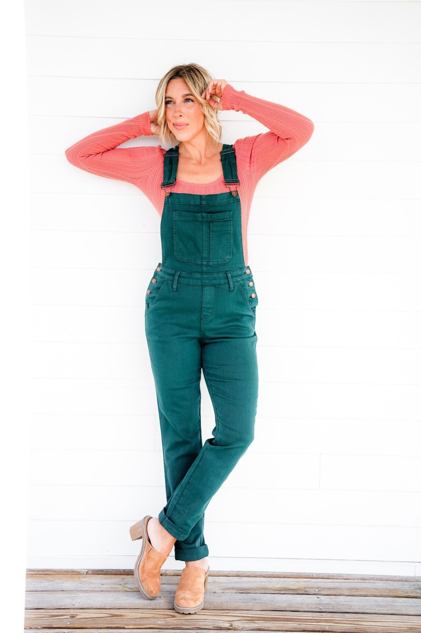Judy Blue High Rise Teal Double Cuffed Boyfriend Overalls