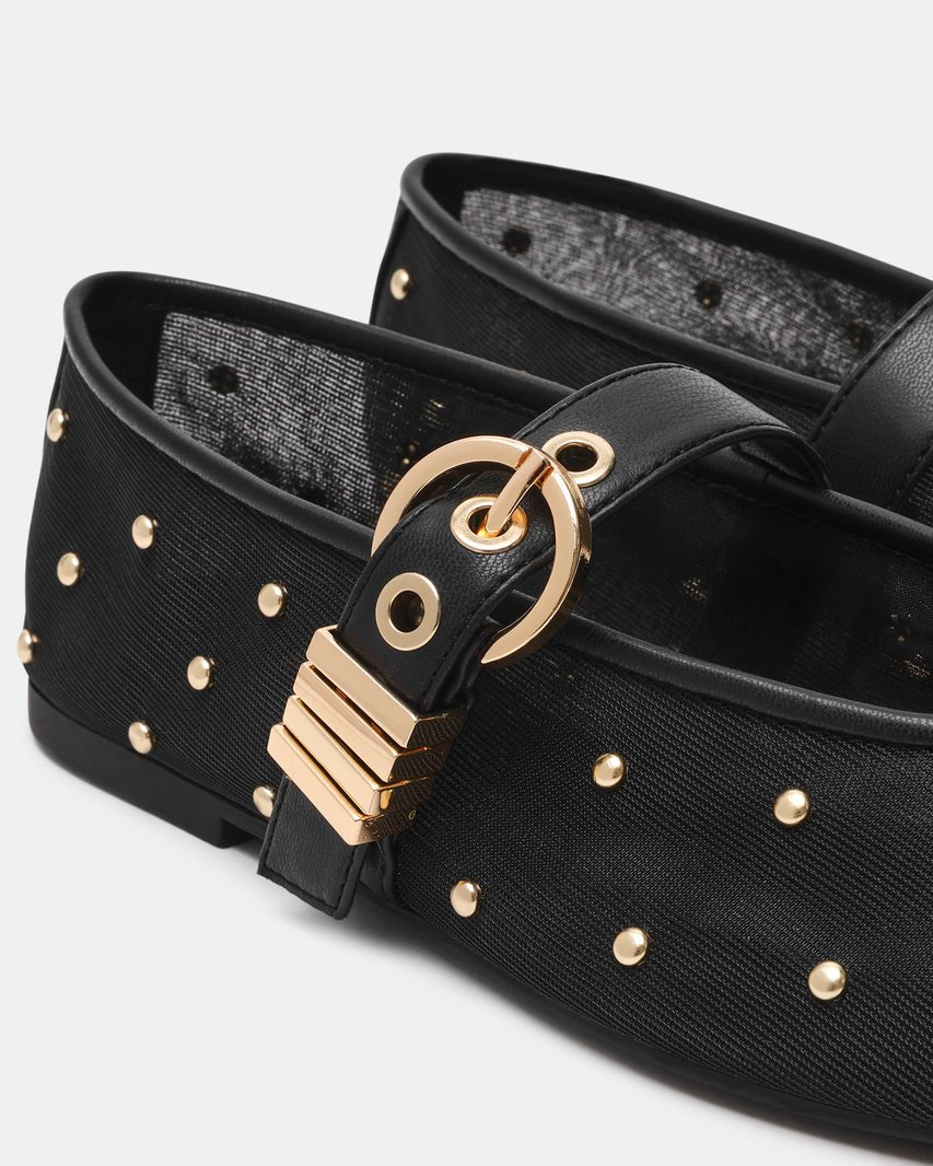 Steve Madden Mesh Flats with Gold Tone Studs and Metal Buckle Strap - Freckled Poppy