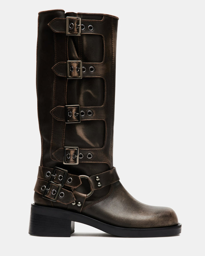 Steve Madden Multi Buckle Distressed Leather Mid-Calf Boots