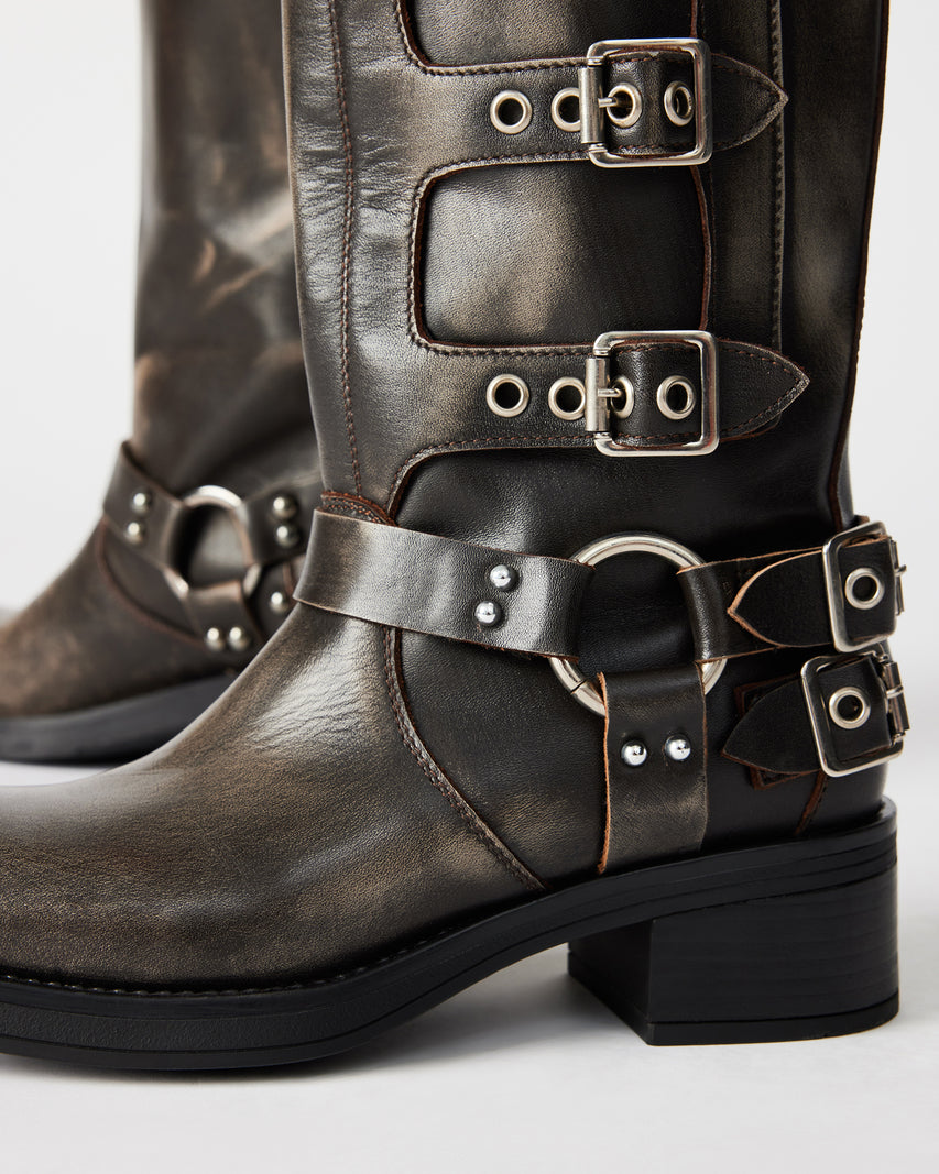 Steve Madden Multi Buckle Distressed Leather Mid-Calf Boots