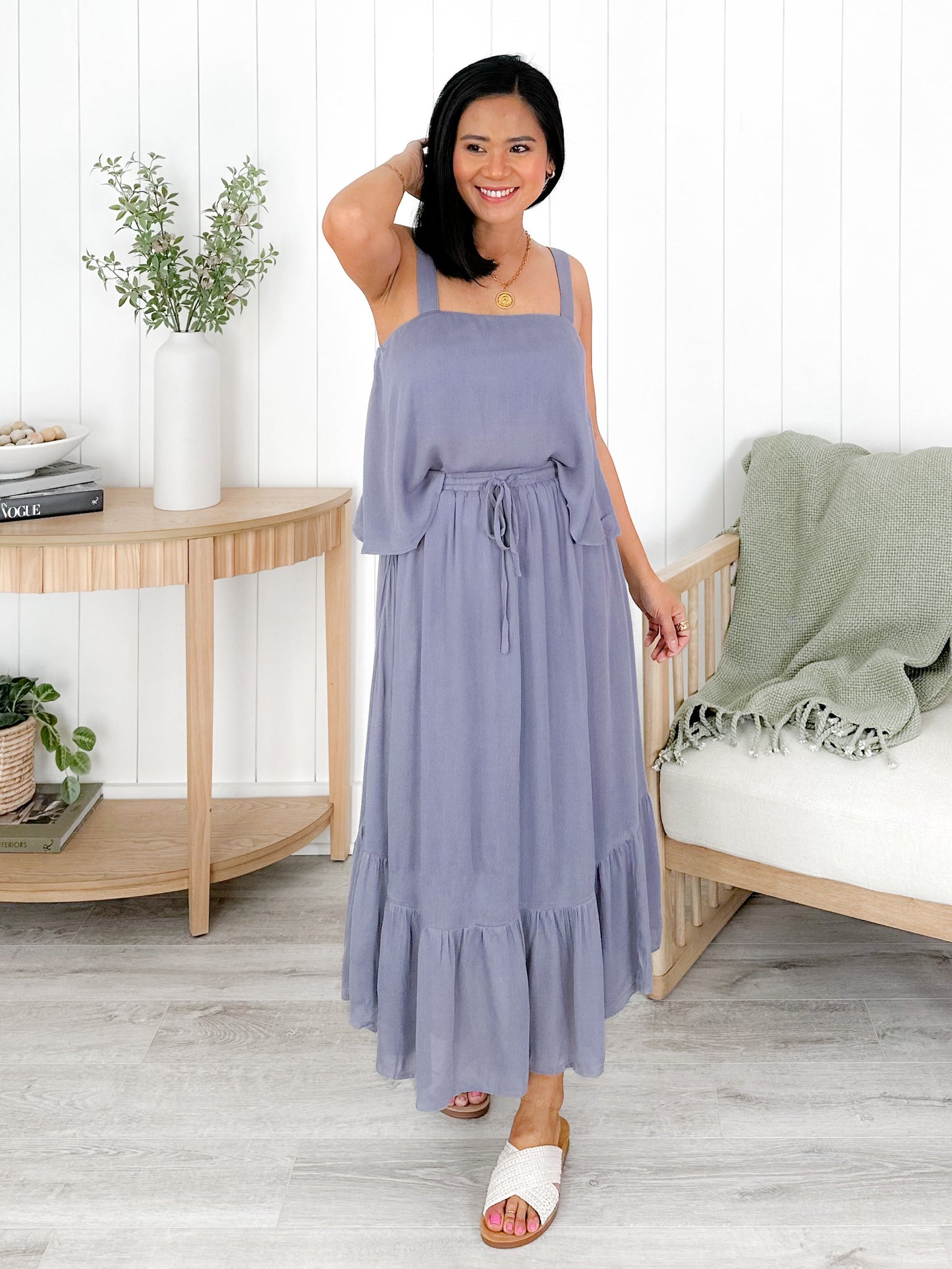 Solid Ruffle Hem Midi Skirt With Elastic Waistband (Multiple Colors)