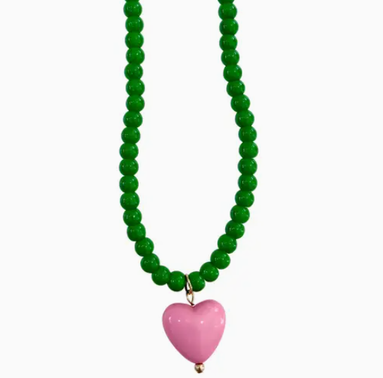 Gemelli Pippa Green Beaded Necklace with Heart Charm