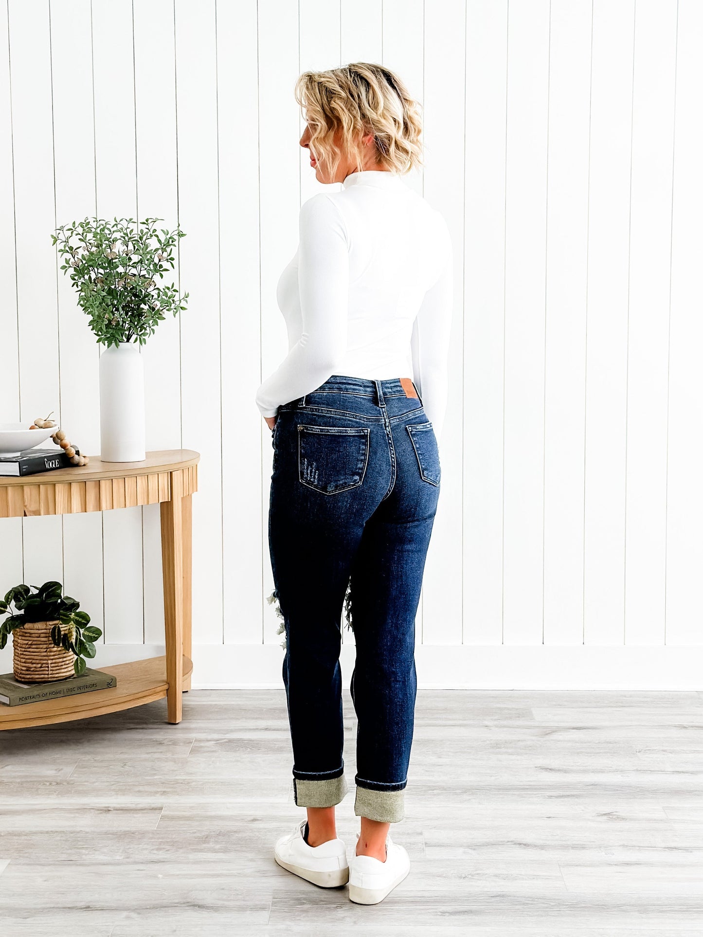 Judy Blue Warm and Cozy Mid Rise Dark Wash Boyfriend Buffalo Plaid Knee Destroy Patches With Cuff Jeans