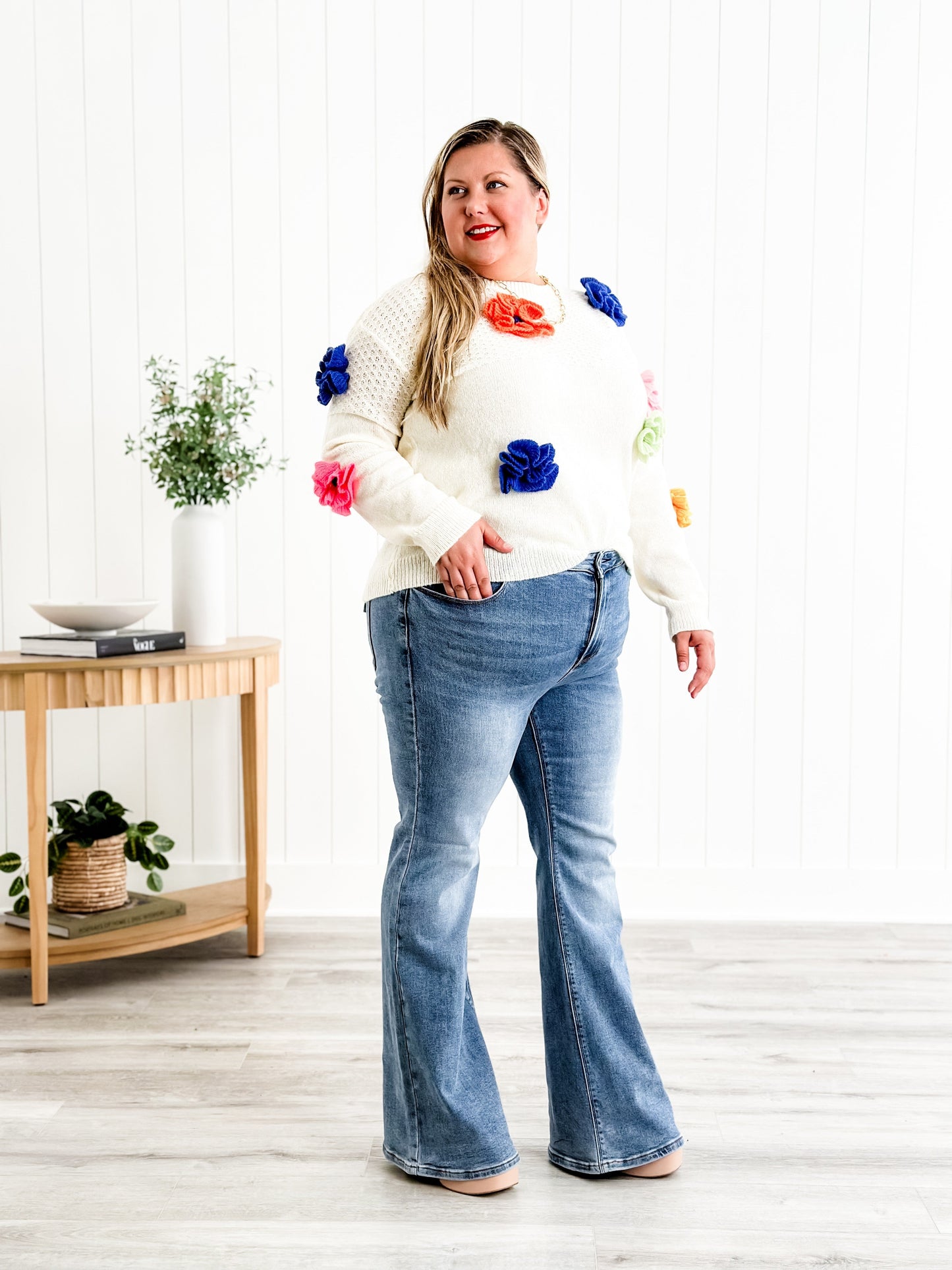 Freckled Poppy X Risen Wildest Dreams Mid Rise Medium Wash Basic Non Distressed Flare Jeans