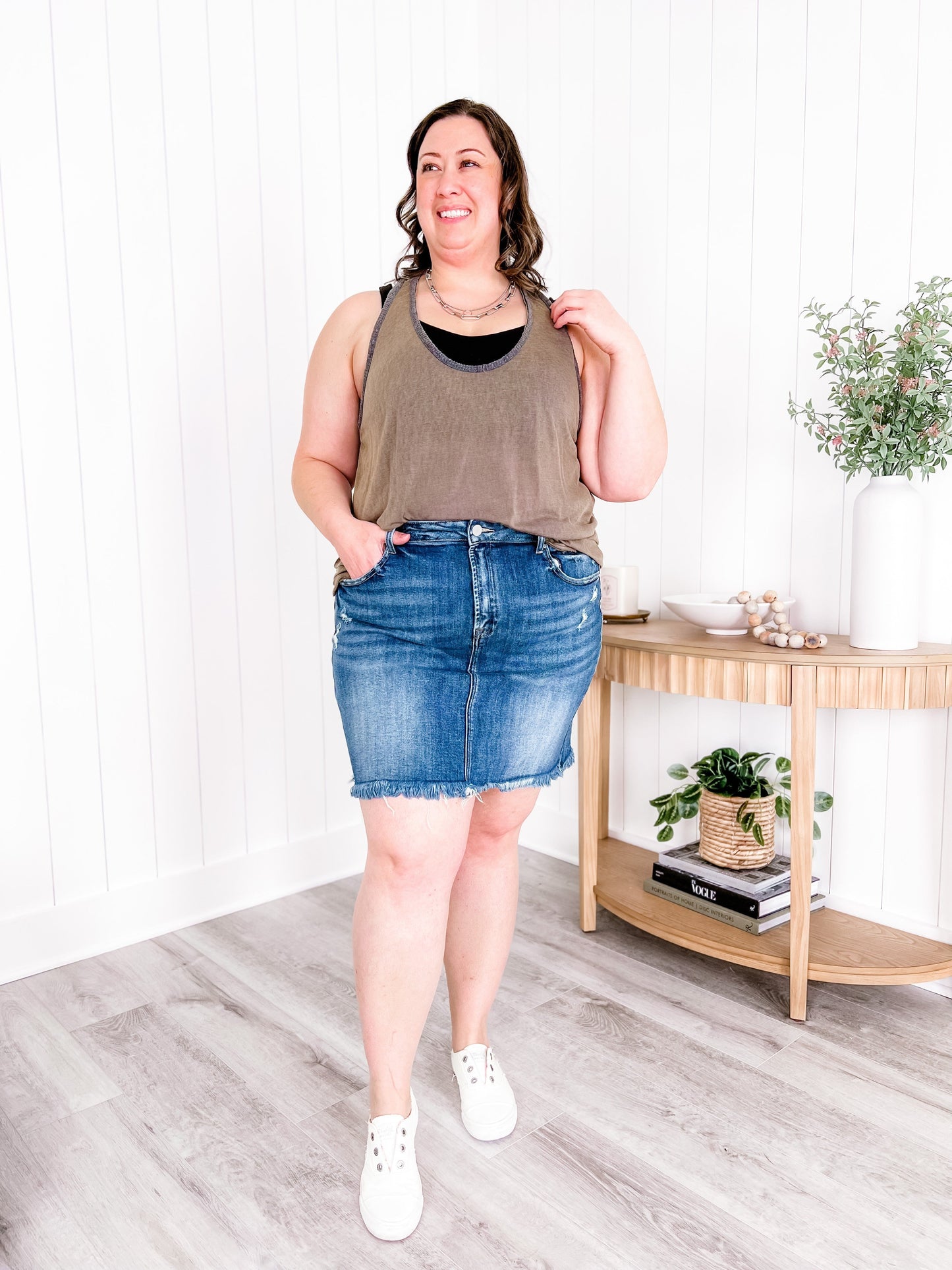 Plus/Reg Medium Wash High Rise Mini Skirt