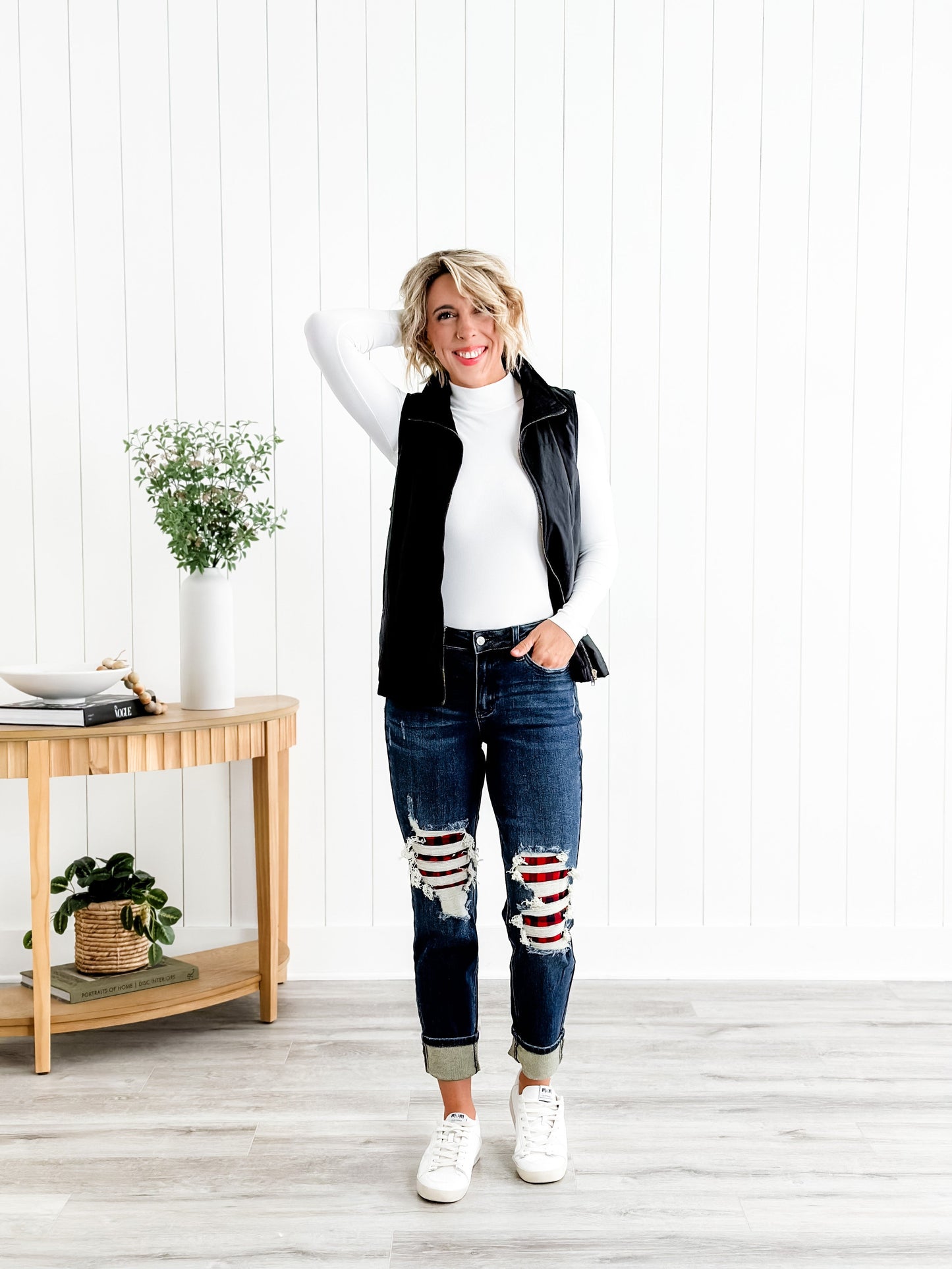 Judy Blue Warm and Cozy Mid Rise Dark Wash Boyfriend Buffalo Plaid Knee Destroy Patches With Cuff Jeans