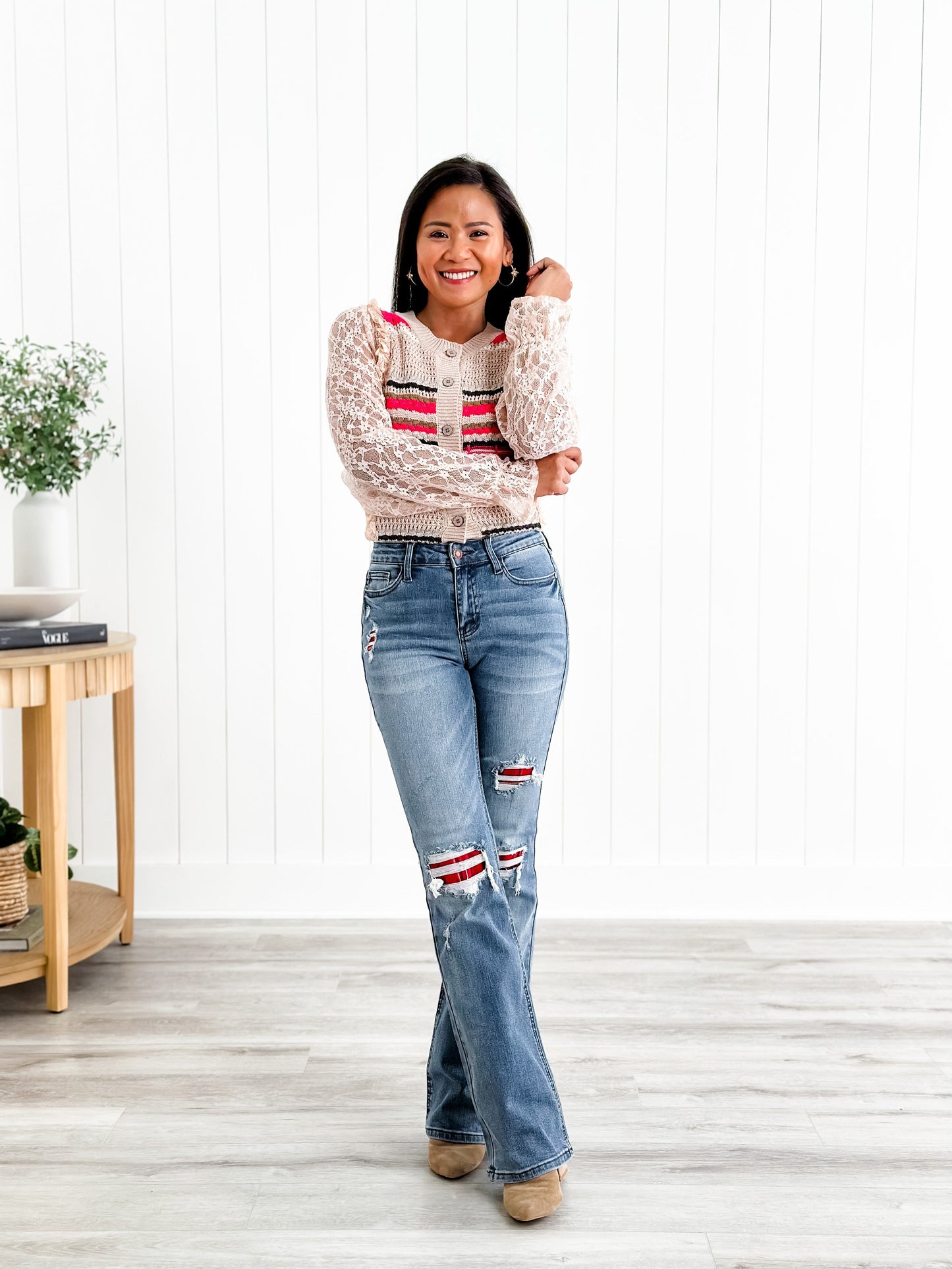 Judy Blue Plaid for You Mid Rise Medium Wash Bootcut Jeans With Patch Detail