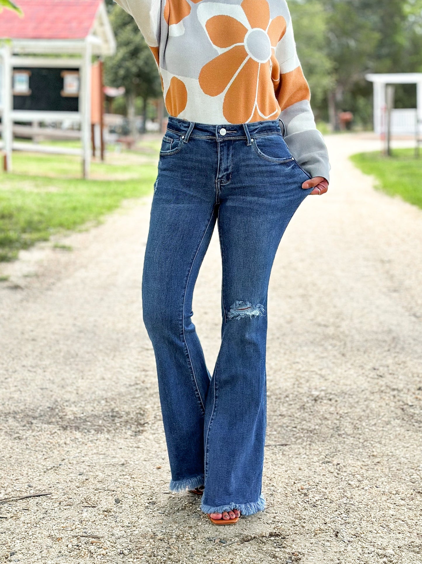 Risen Low Rise Dark Wash Distressed Flare Jeans