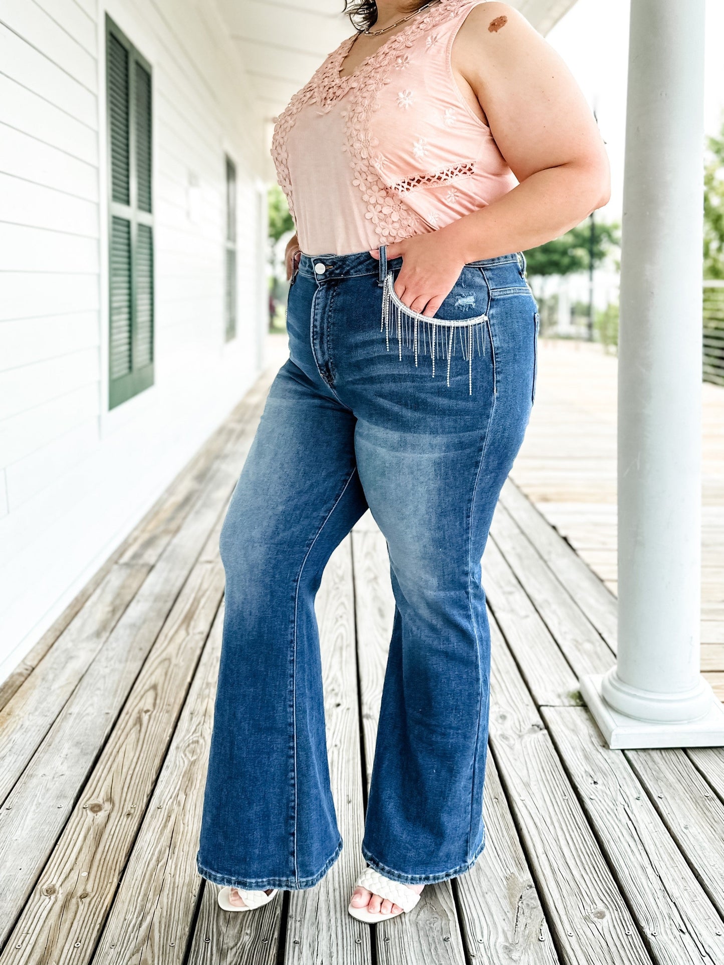 Risen Dark Wash Embellished Wide Flare Jean