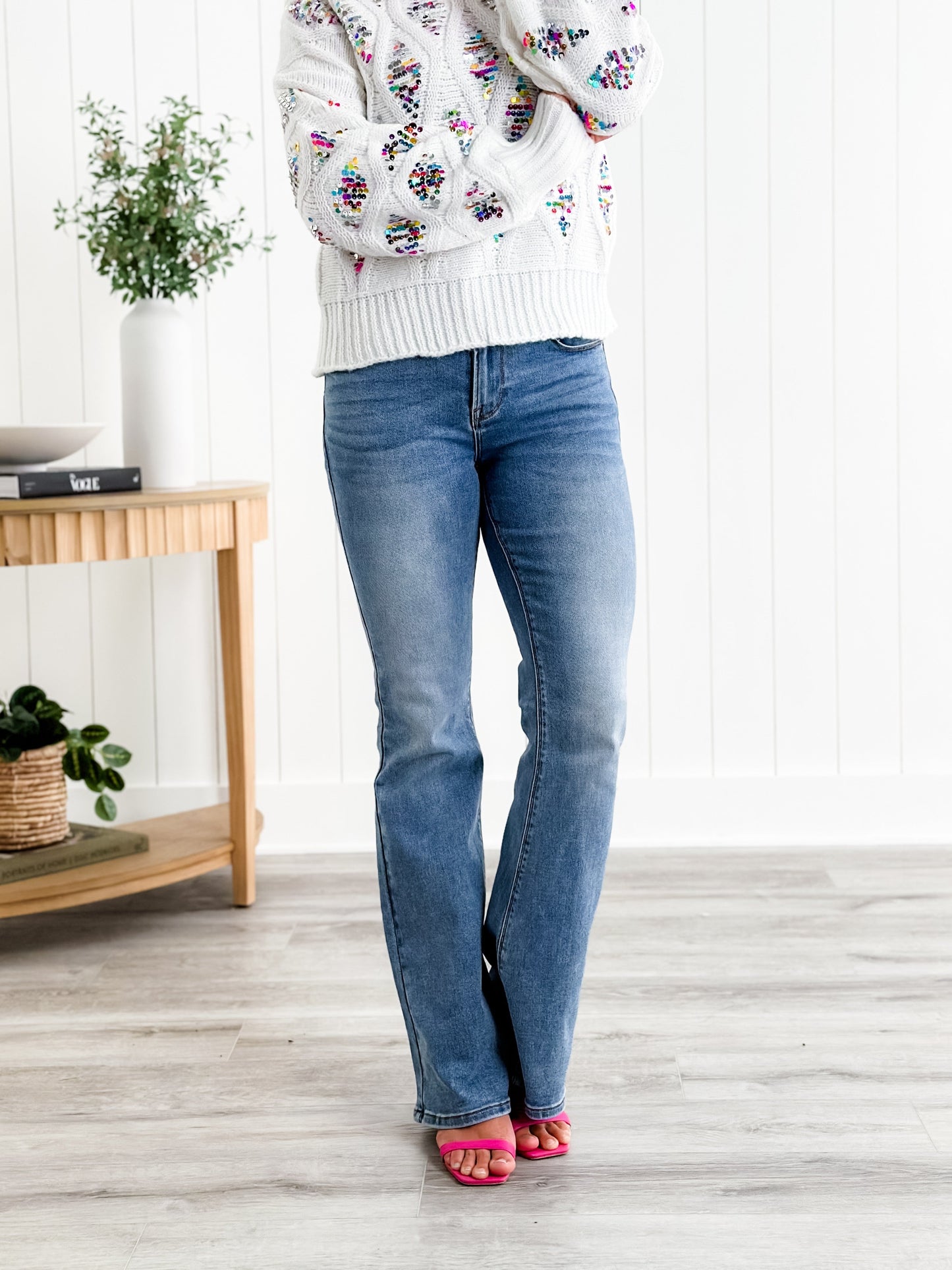 Freckled Poppy X Risen Wildest Dreams Mid Rise Medium Wash Basic Non Distressed Flare Jeans