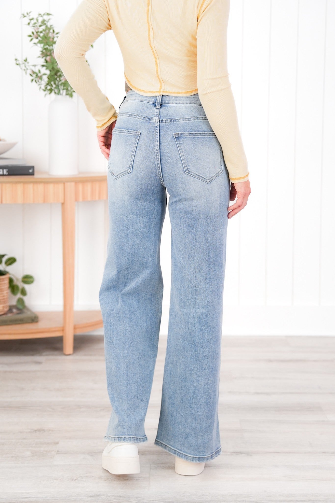 Risen Medium Wash Wide Leg Jeans with Side Slit