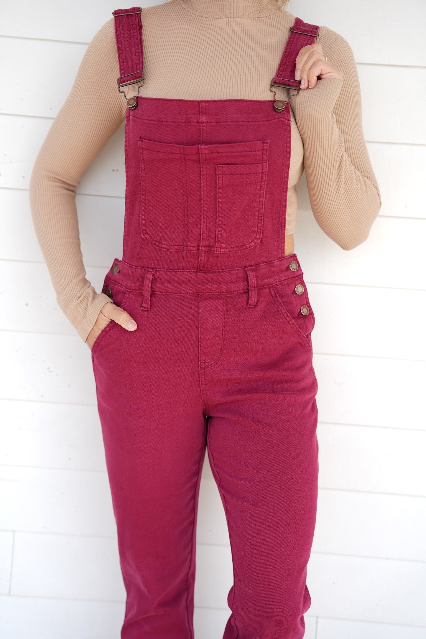 Judy Blue High Rise Maroon Garment Dyed Double Cuffed Boyfriend Overalls