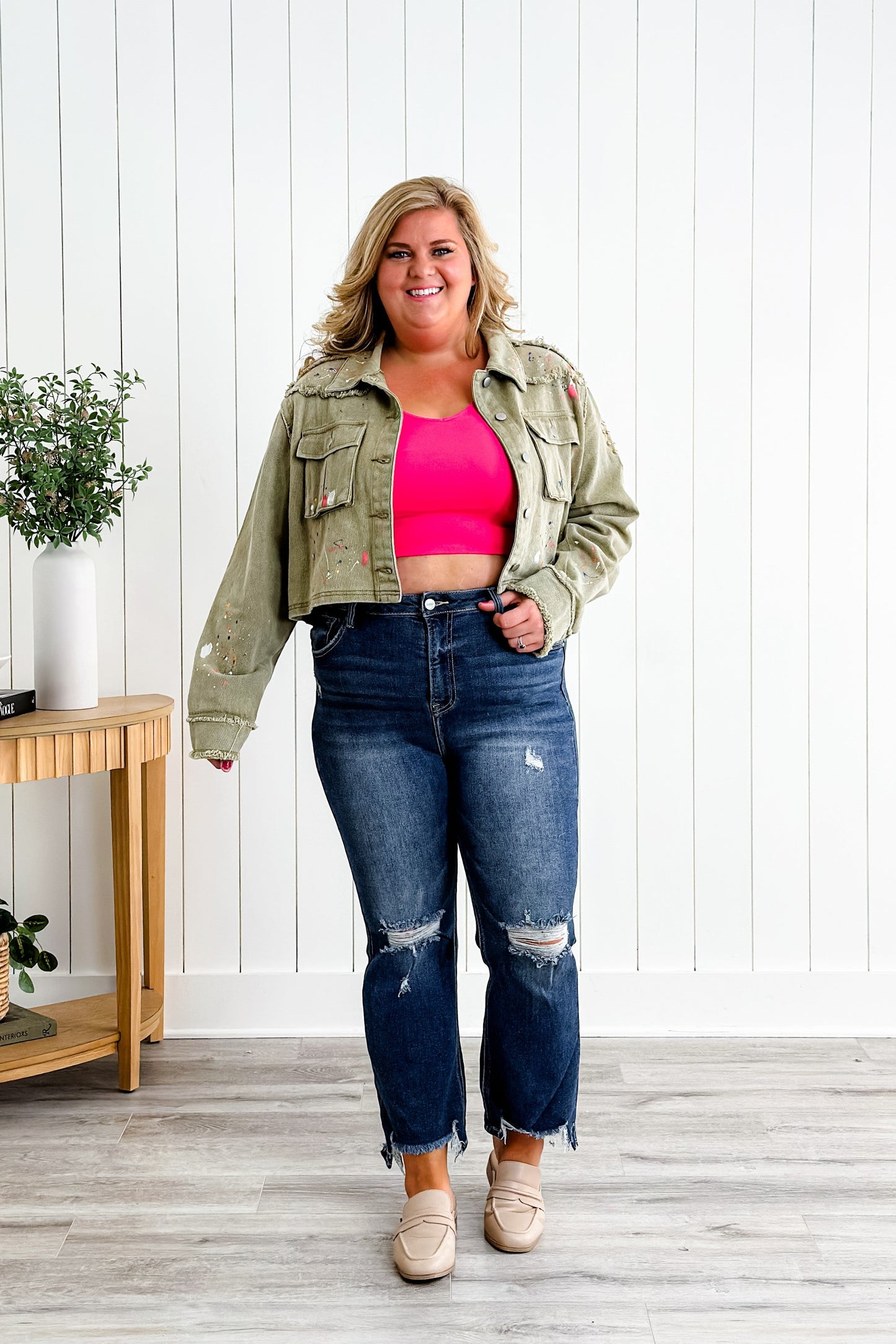Risen High Rise Dark Wash Crop Step Chew Jeans