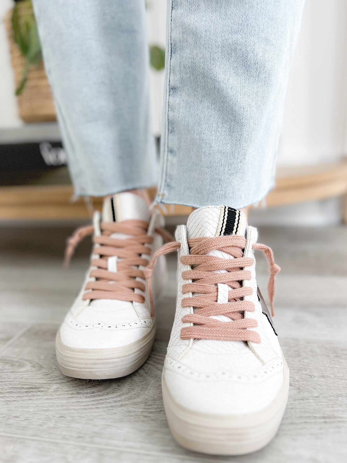 Shu Shop White Snake Texture Bronze Star Hi-Top Sneakers