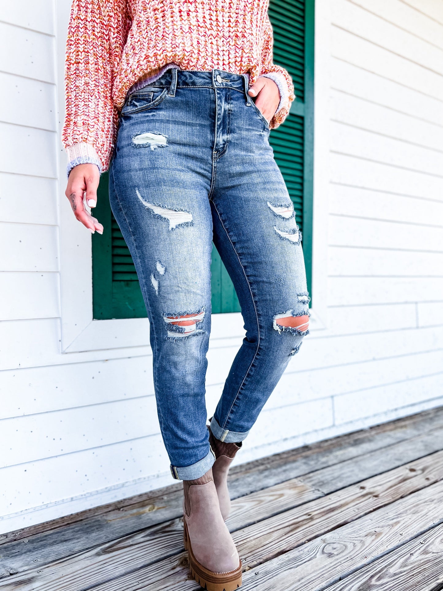 Judy Blue Boy Toy Light Wash High Rise Cuffed Boyfriend Distressed Jeans