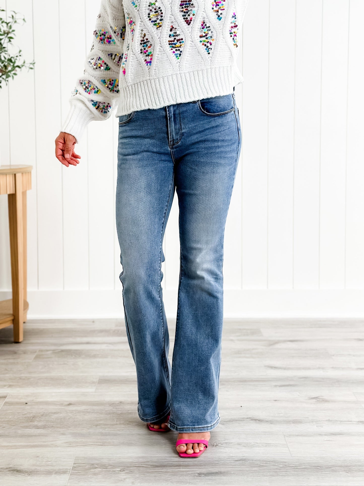 Freckled Poppy X Risen Wildest Dreams Mid Rise Medium Wash Basic Non Distressed Flare Jeans