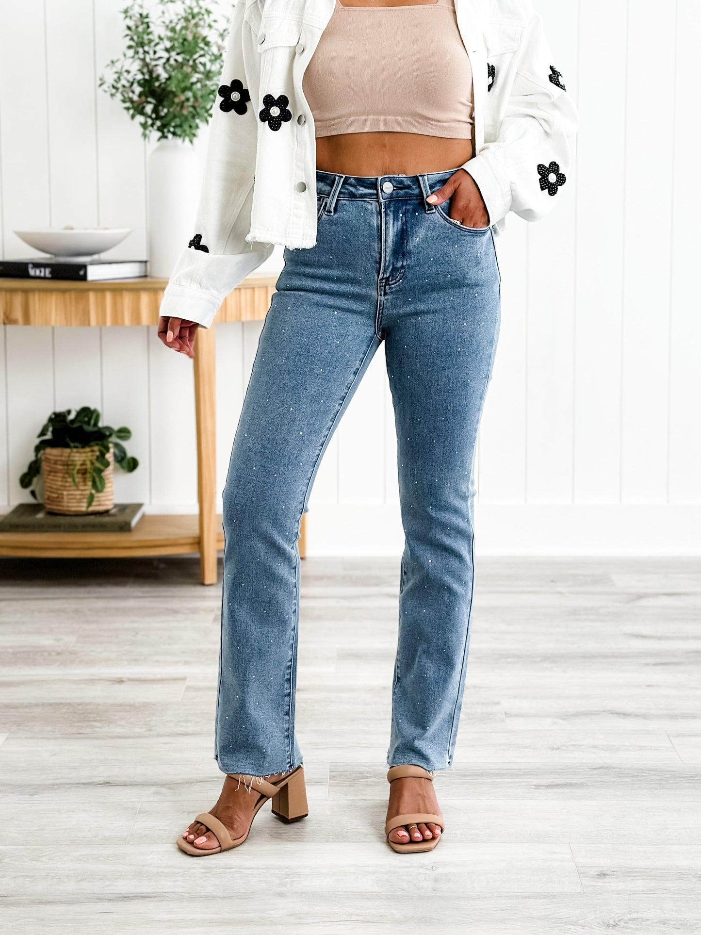 Risen Medium Wash High Rise Slim Straight Jeans With Rhinestones