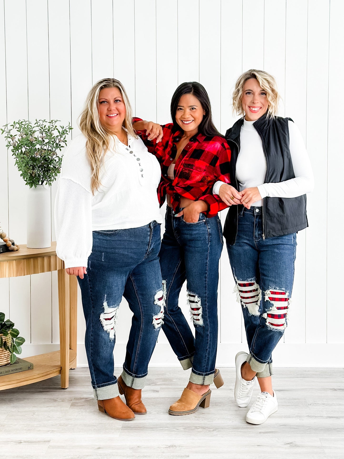 Judy Blue Warm and Cozy Mid Rise Dark Wash Boyfriend Buffalo Plaid Knee Destroy Patches With Cuff Jeans