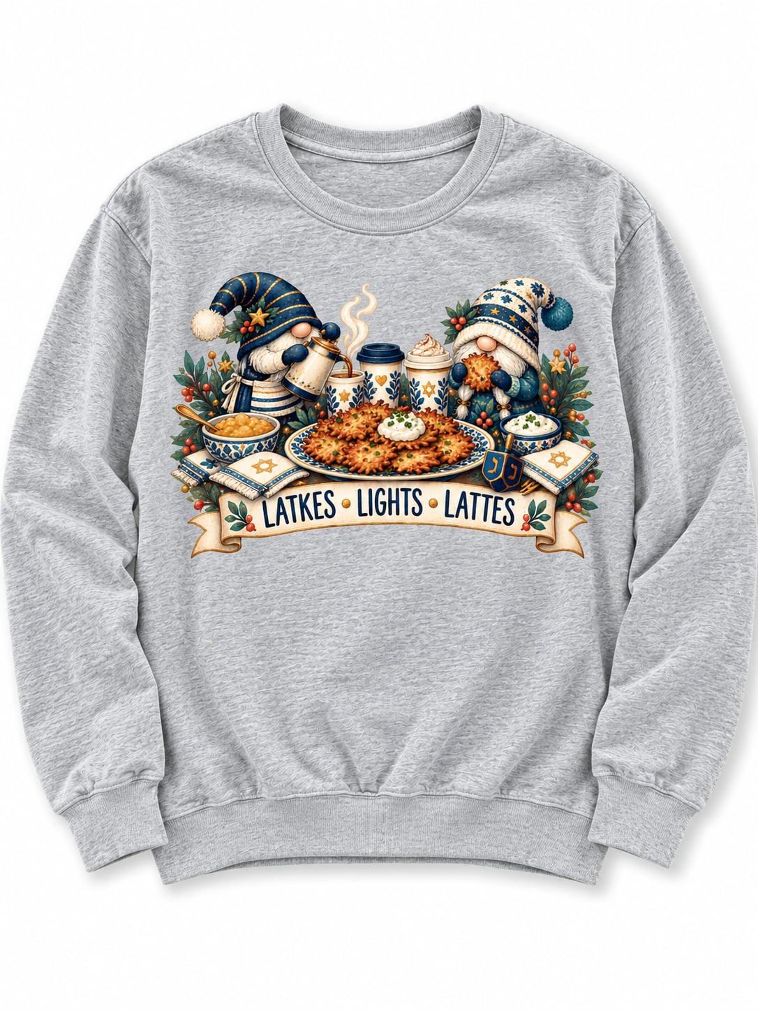 Plus/Reg Long Sleeve "Latkes, Lights, Lattes" Hanukkah Graphic Sweatshirt - Freckled Poppy