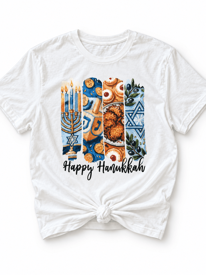 Plus/Reg Short Sleeve "Happy Hanukkah" Panels Graphic Tee - Freckled Poppy