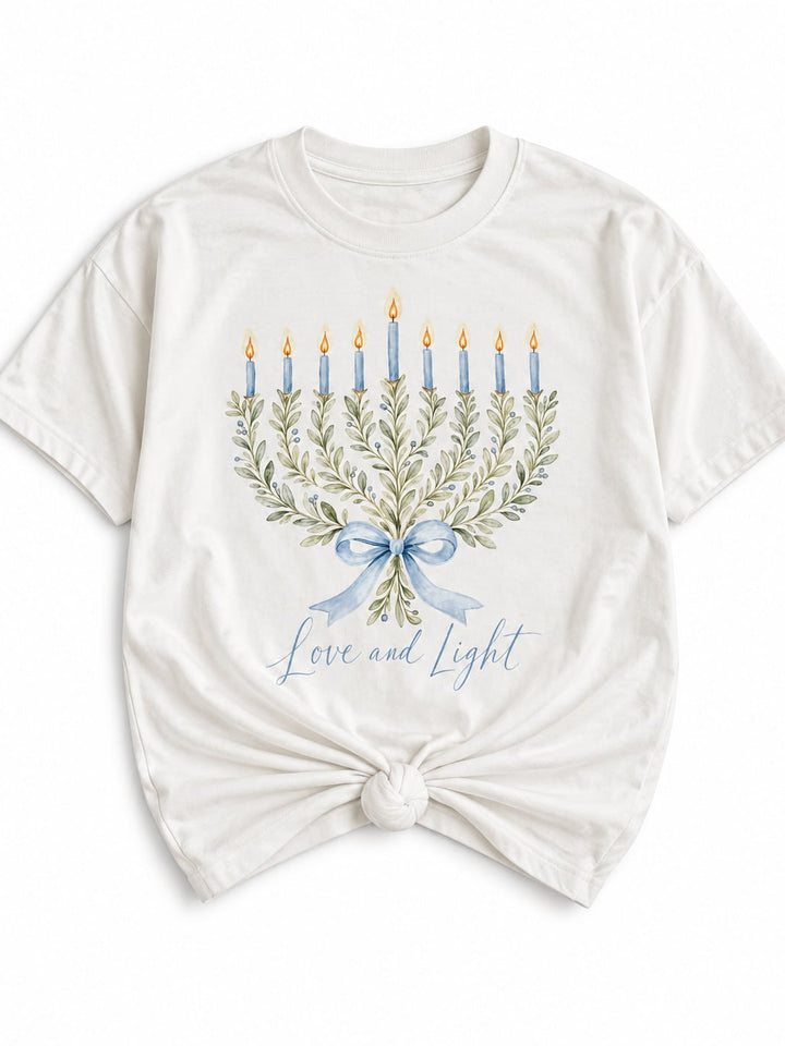 Plus/Reg Short Sleeve "Love and Light" Hanukkah Graphic Tee - Freckled Poppy