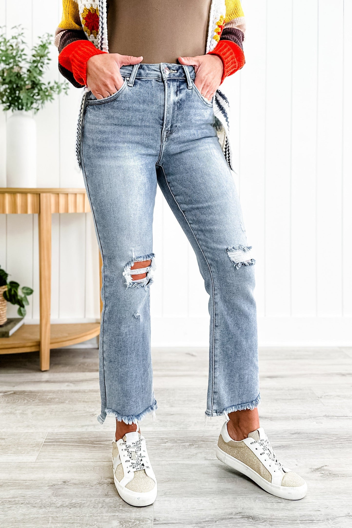 Risen Stella Babe High Rise Light Wash Cropped Distressed Flare Jeans