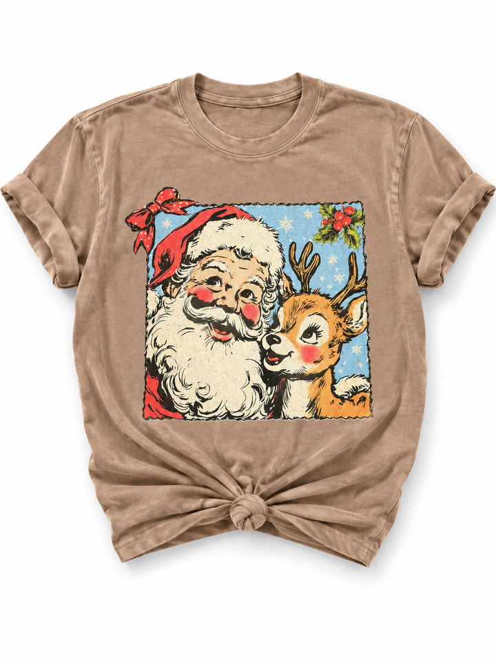 Plus/Reg Short Sleeve Vintage Santa and Reindeer Graphic Tee