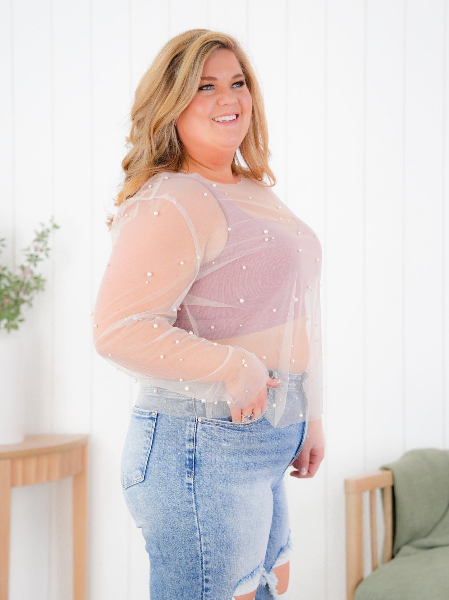 Plus/Reg Mesh Long Sleeve Top with Pearl Detail (Multiple Colors)
