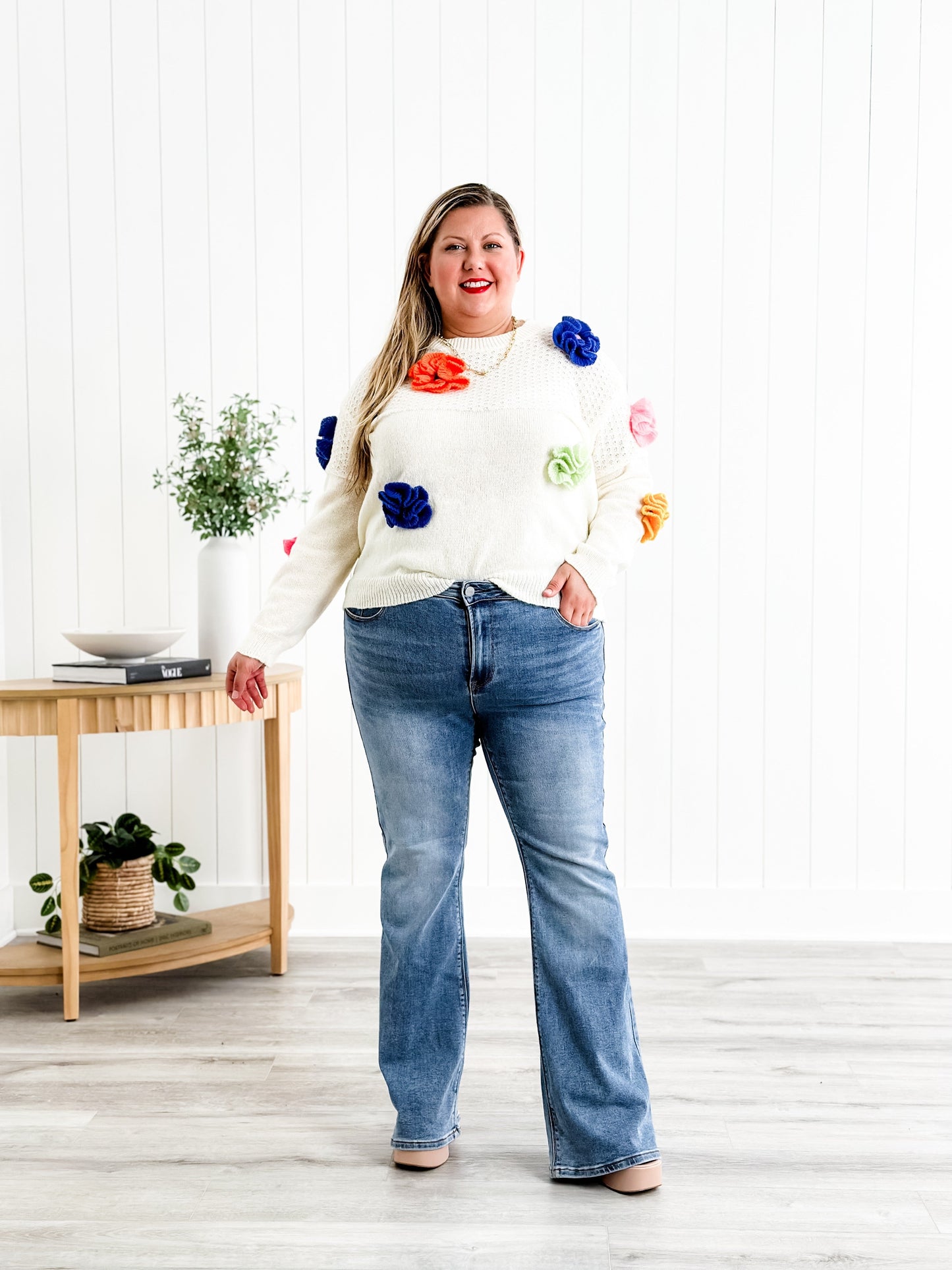 Freckled Poppy X Risen Wildest Dreams Mid Rise Medium Wash Basic Non Distressed Flare Jeans