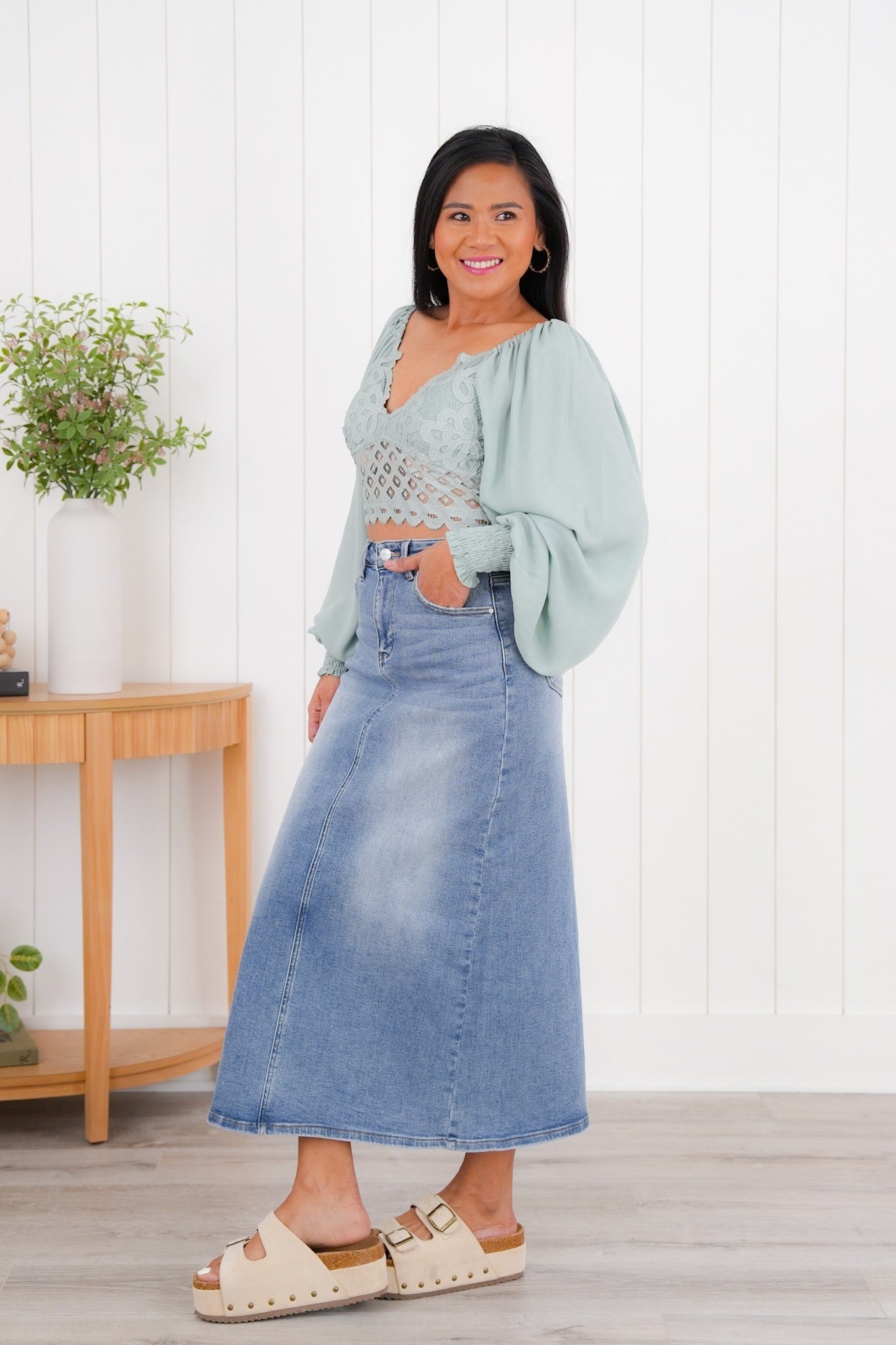Risen Medium Wash Back Slit Long Skirt