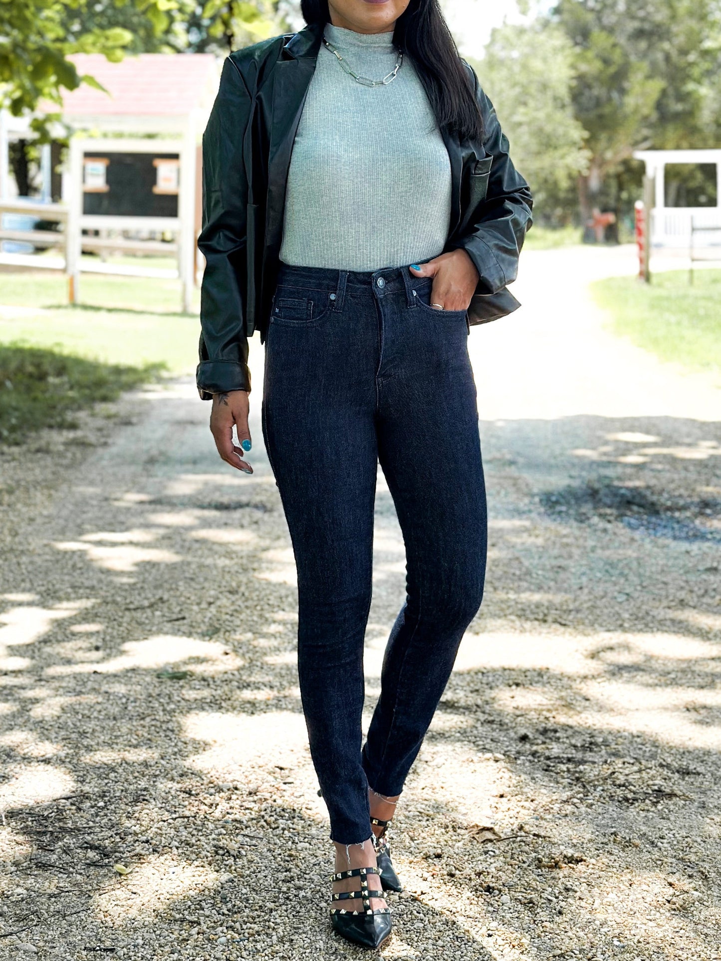 Judy Blue Starry Night High Rise Dark Wash Tummy Control Top Raw Hem Jeans