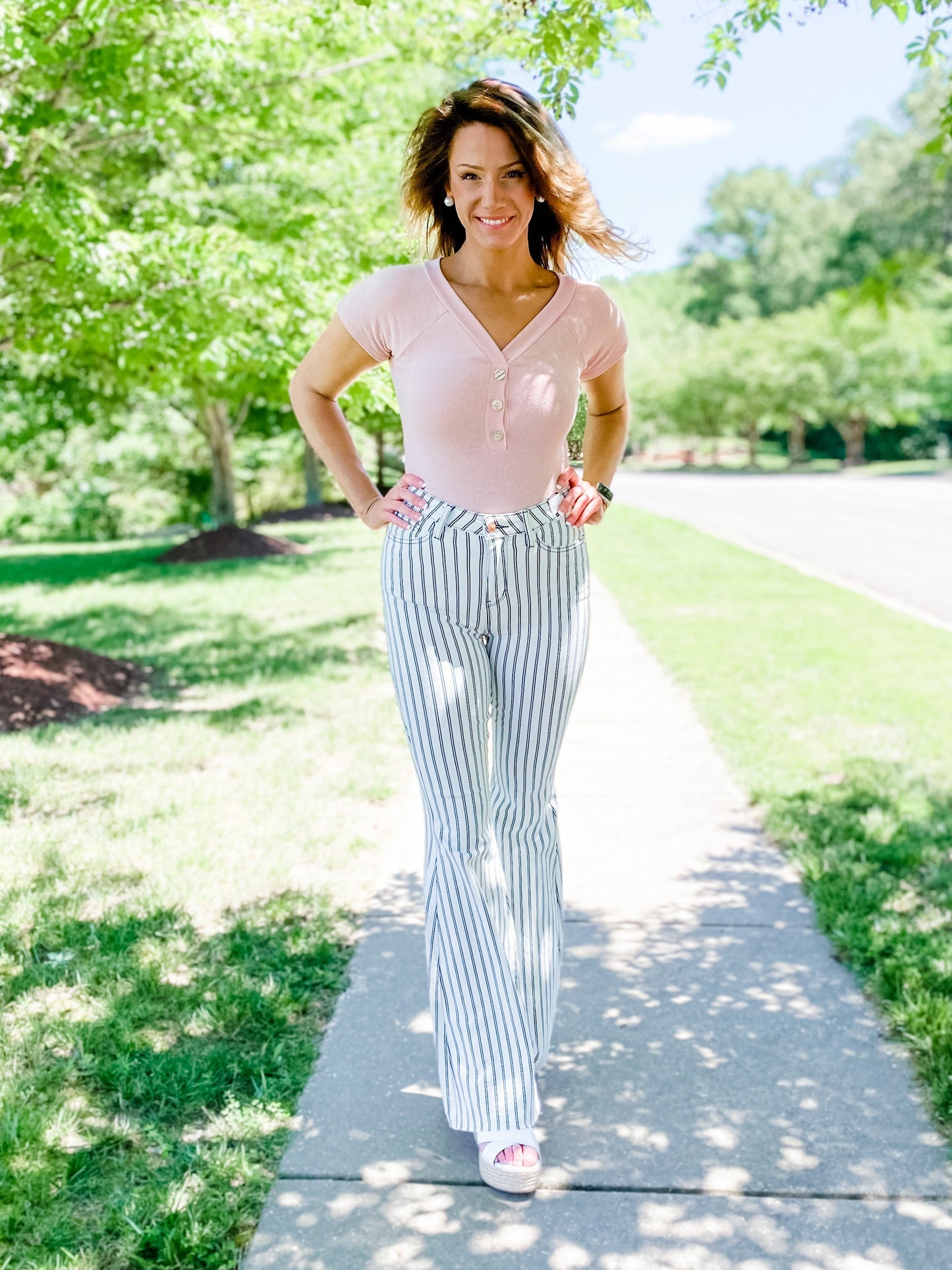 Judy Blue Long Inseam White Pinstripe Super Flare Jeans